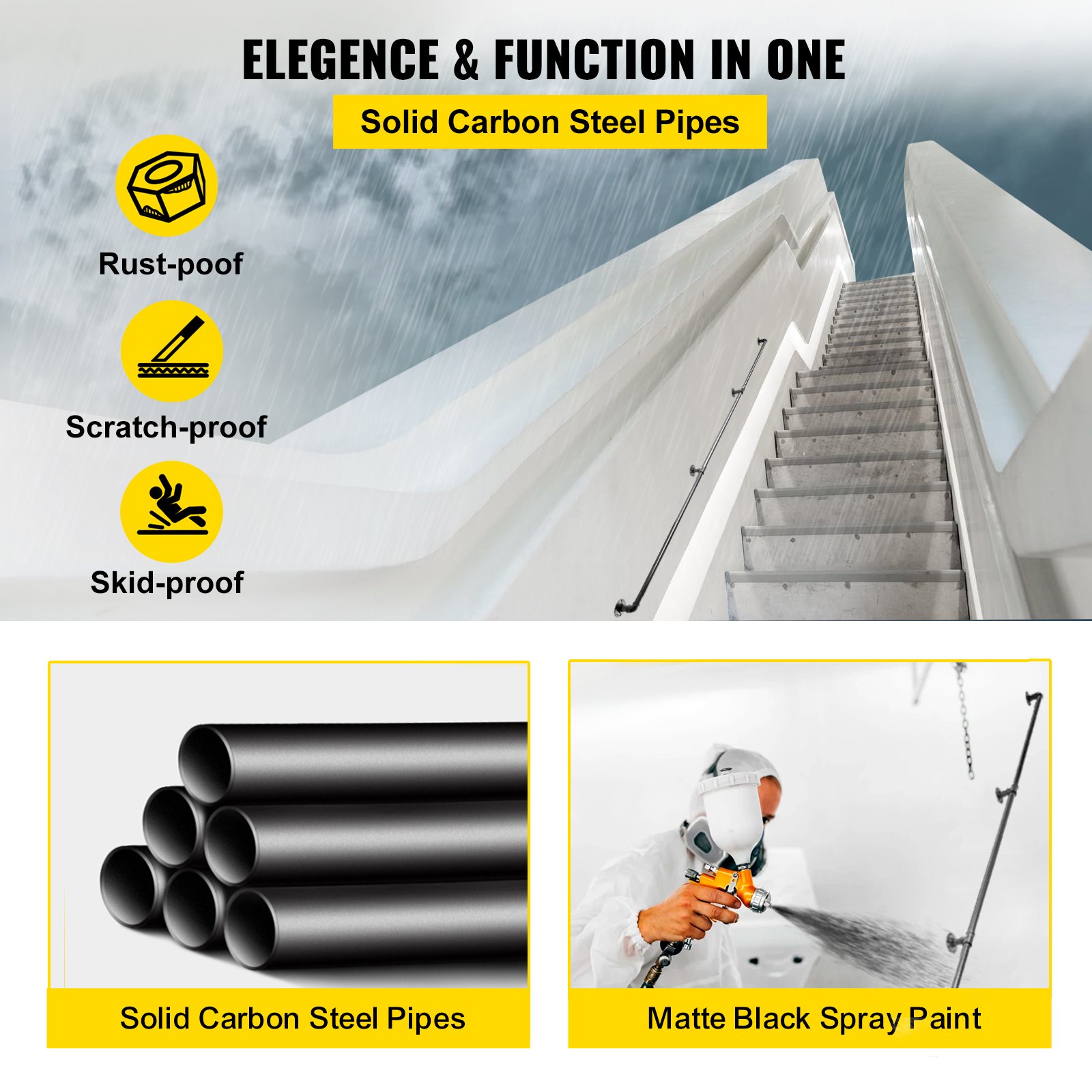 VEVOR Pasamanos Escalera 270 cm Pasamanos de Pared Acero al Carbono Acabado Mate Carga 200 kg Pasamanos Estilo Industrial Ø32 mm Pasamanos Montaje en Pared Kit Completo Negro para Interior y Exterior
