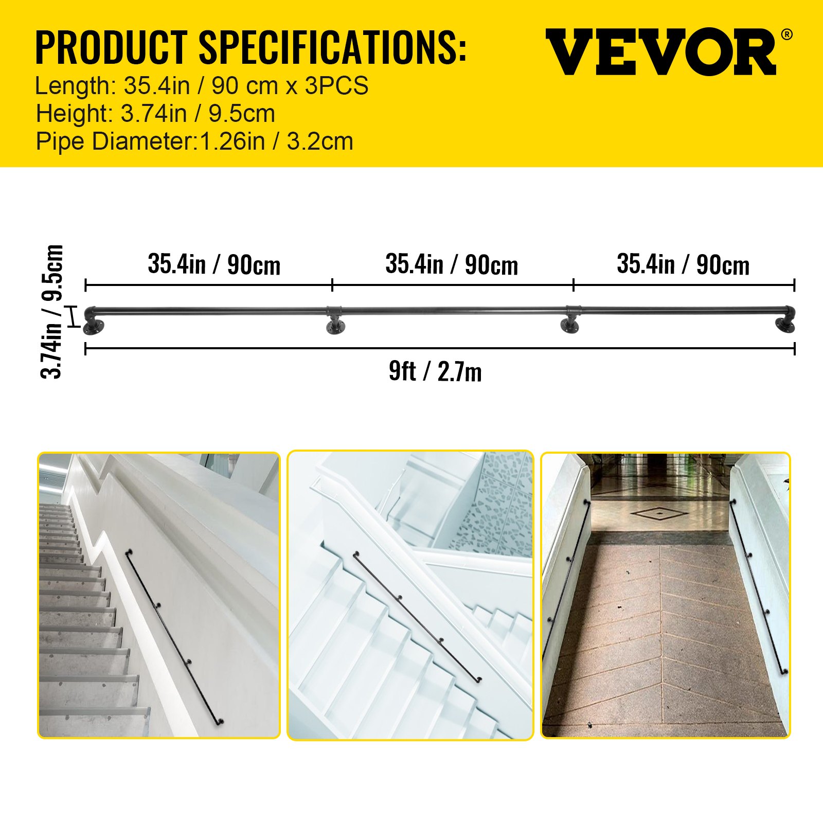 VEVOR Pasamanos Escalera 270 cm Pasamanos de Pared Acero al Carbono Acabado Mate Carga 200 kg Pasamanos Estilo Industrial Ø32 mm Pasamanos Montaje en Pared Kit Completo Negro para Interior y Exterior