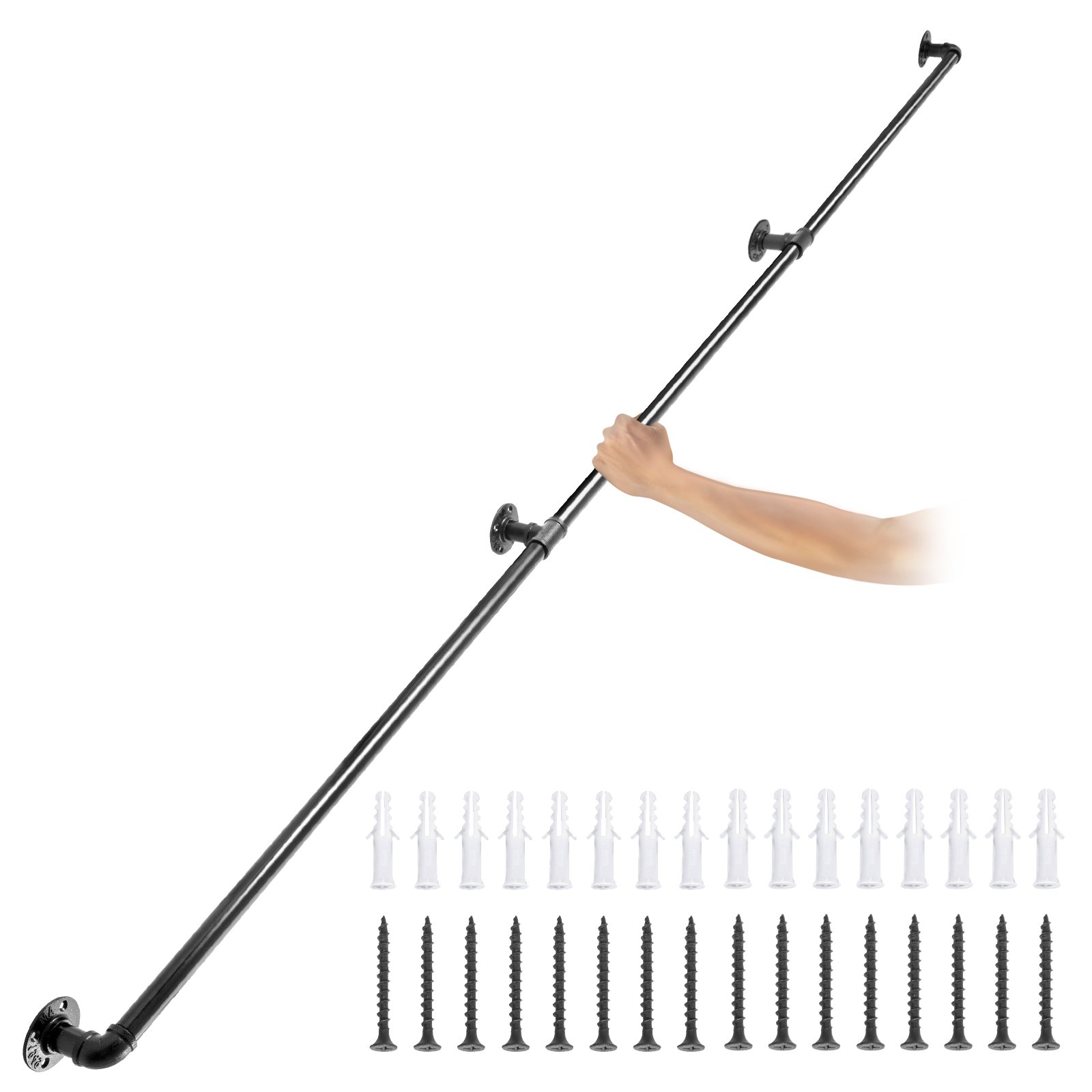 VEVOR Pasamanos Escalera 270 cm Pasamanos de Pared Acero al Carbono Acabado Mate Carga 200 kg Pasamanos Estilo Industrial Ø32 mm Pasamanos Montaje en Pared Kit Completo Negro para Interior y Exterior