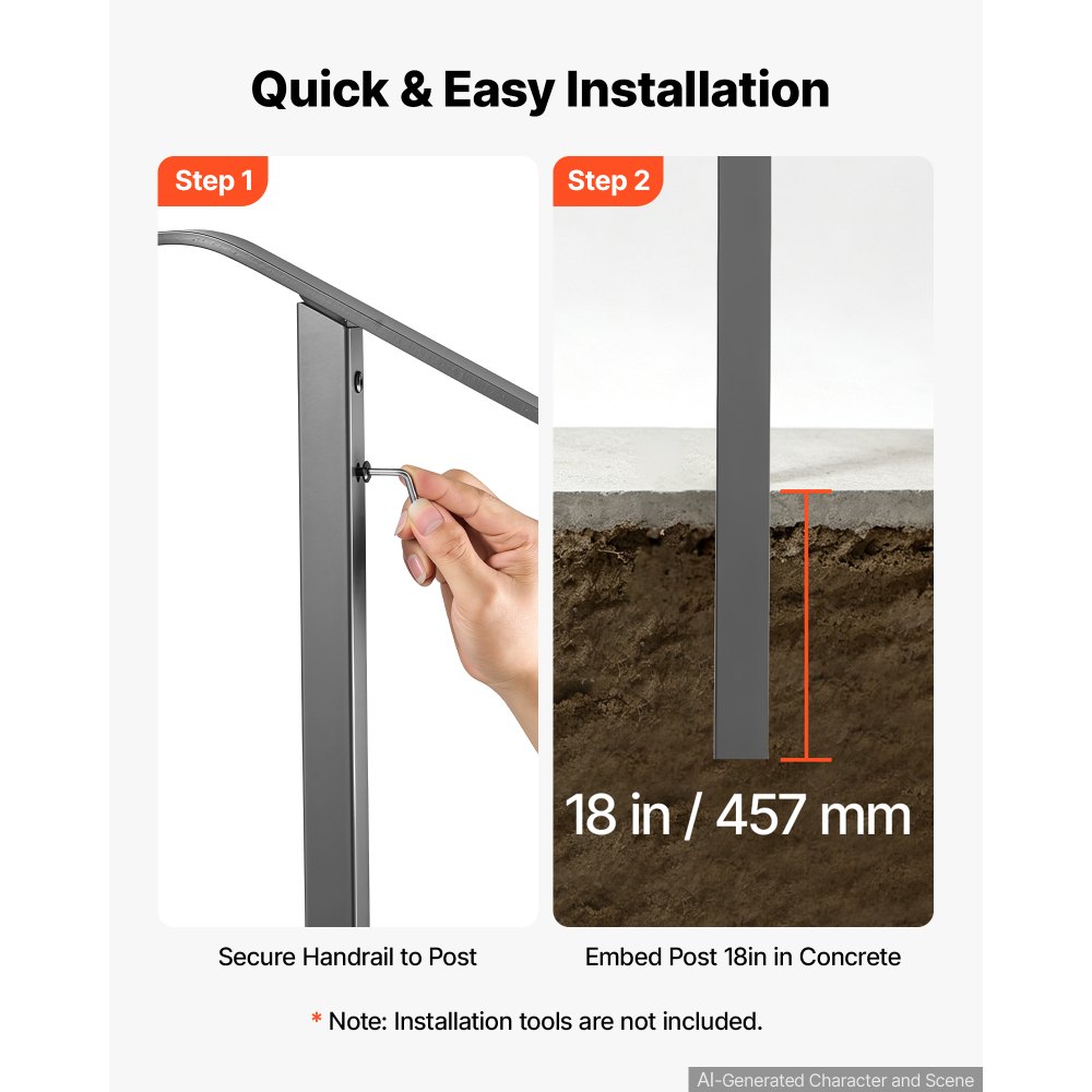 VEVOR Barandilla de Escalera 1-2 Peldaños, 1 Poste, Acero al Carbono Gris, Pasamanos de Escalera para Exterior, Carga 100 kg, con Herrajes de Instalación Incluidos para Hormigón, Porches y Terrazas