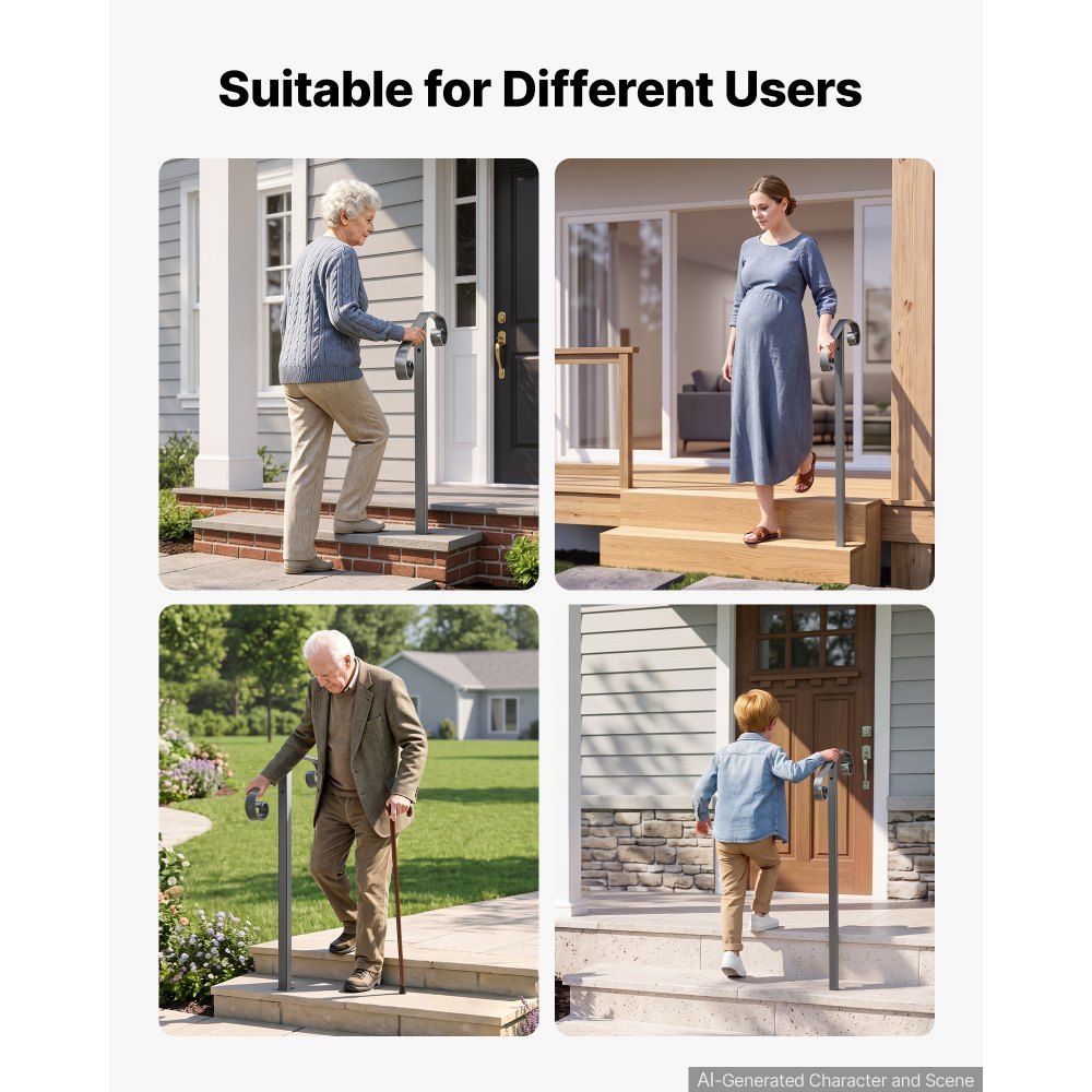 VEVOR Barandilla de Escalera 1-2 Peldaños, 1 Poste, Acero al Carbono Gris, Pasamanos de Escalera para Exterior, Carga 100 kg, con Herrajes de Instalación Incluidos para Hormigón, Porches y Terrazas