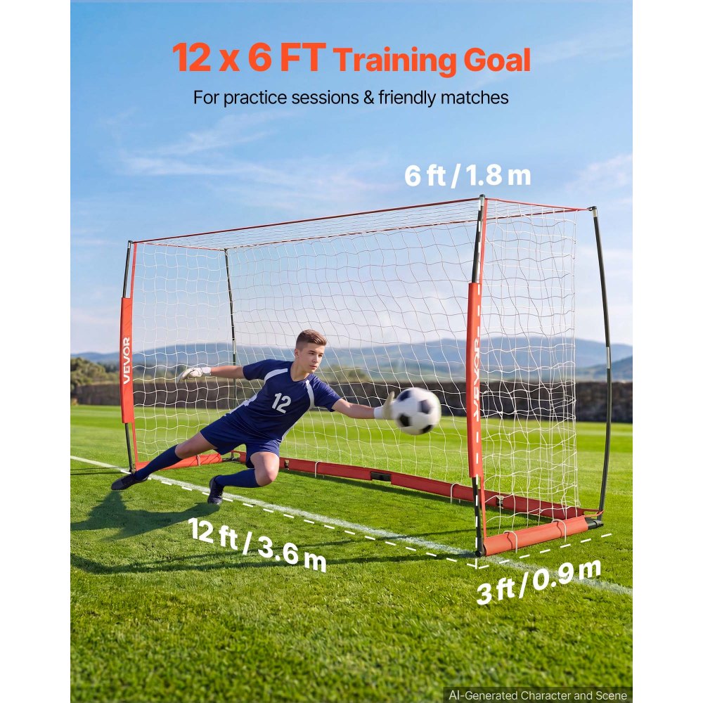 VEVOR Soccer Goal 3.6 x 1.8 m Soccer Net for Backyard Collapsible Base Red, Portable & Quick Setup Set, with Metal Base, Carry Bag, Ground Stakes, for Youth & Adults Outdoor Backyard Practice Training