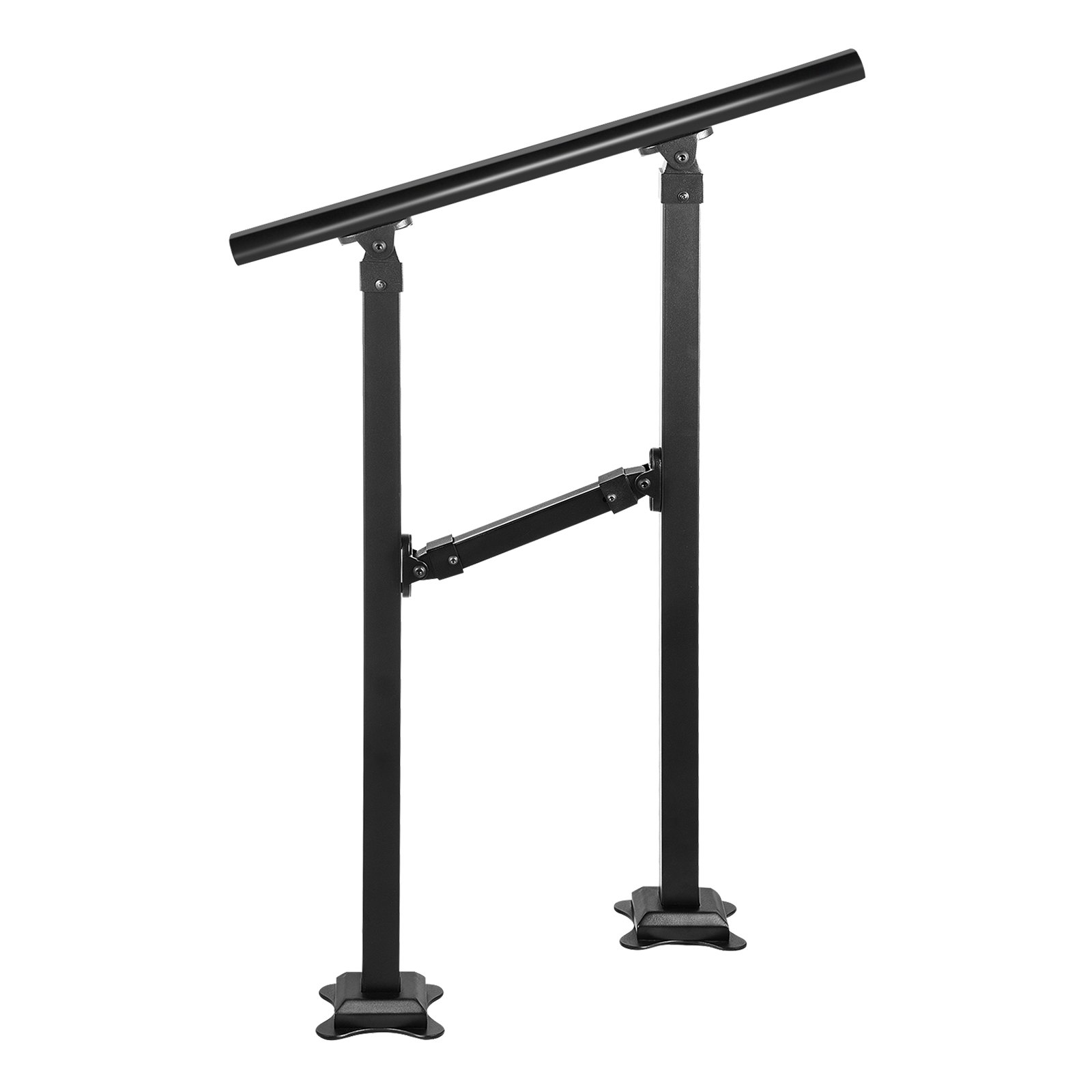 Barandilla de escalera para exterior VEVOR con diseño de metal negro y barra de soporte central ajustable.