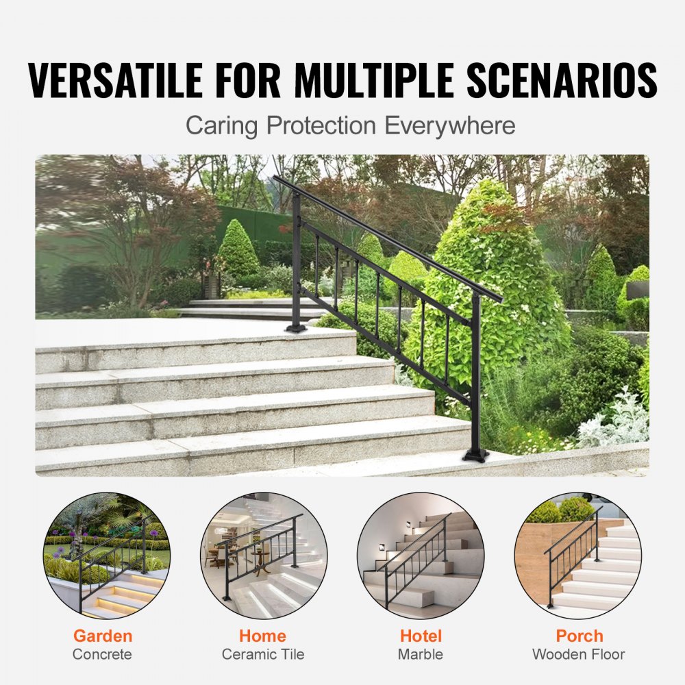 VEVOR Barandilla de Hierro 172,5cm con Barras Pasamanos Escalera 1-4 Pasos Baranda Exterior Ángulo 0-50 grados Parapeto Negro Tubo Cuadrado para Escalones de Hormigón Balcones Jardines Hoteles Garajes