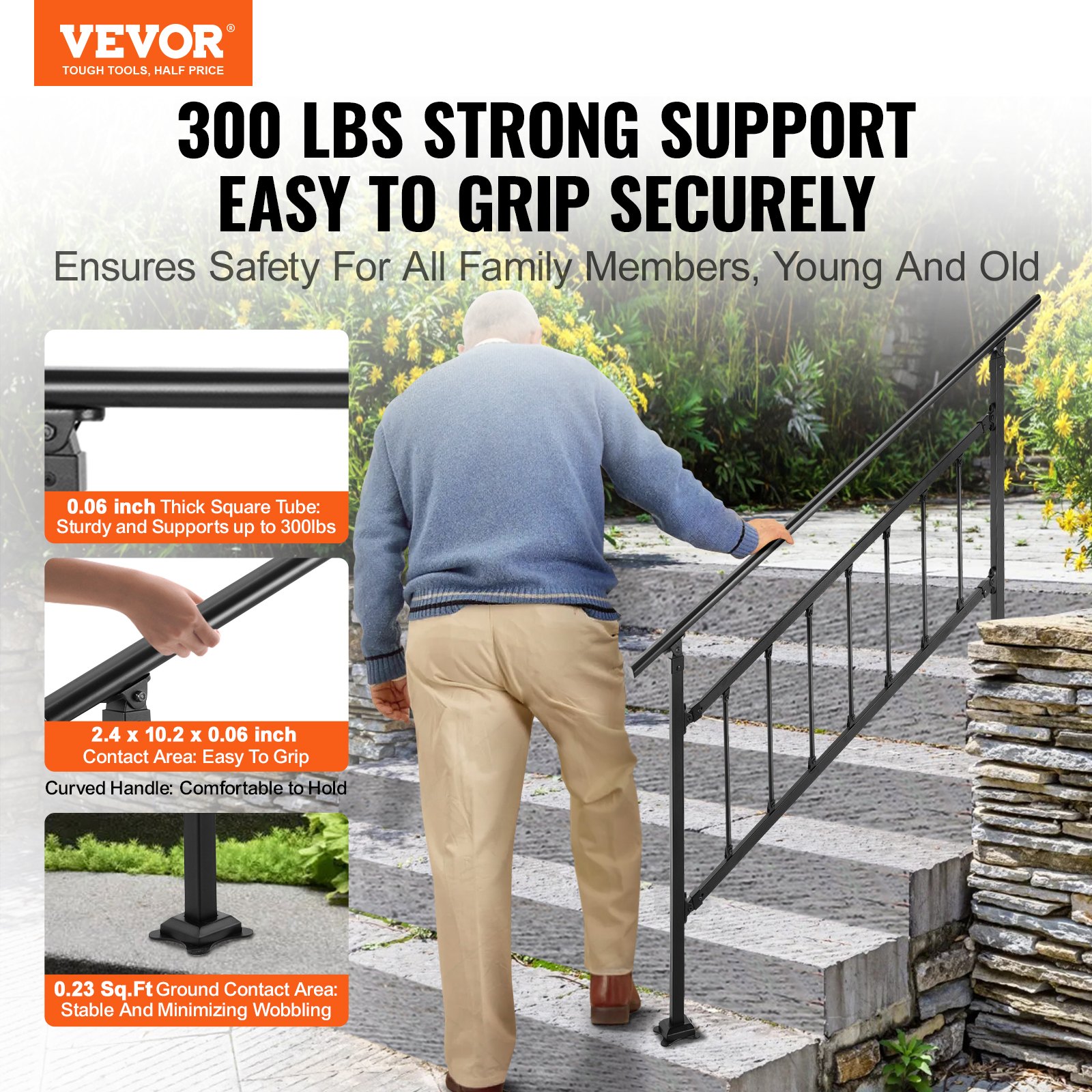 VEVOR Barandilla de Hierro 172,5cm con Barras Pasamanos Escalera 1-4 Pasos Baranda Exterior Ángulo 0-50 grados Parapeto Negro Tubo Cuadrado para Escalones de Hormigón Balcones Jardines Hoteles Garajes