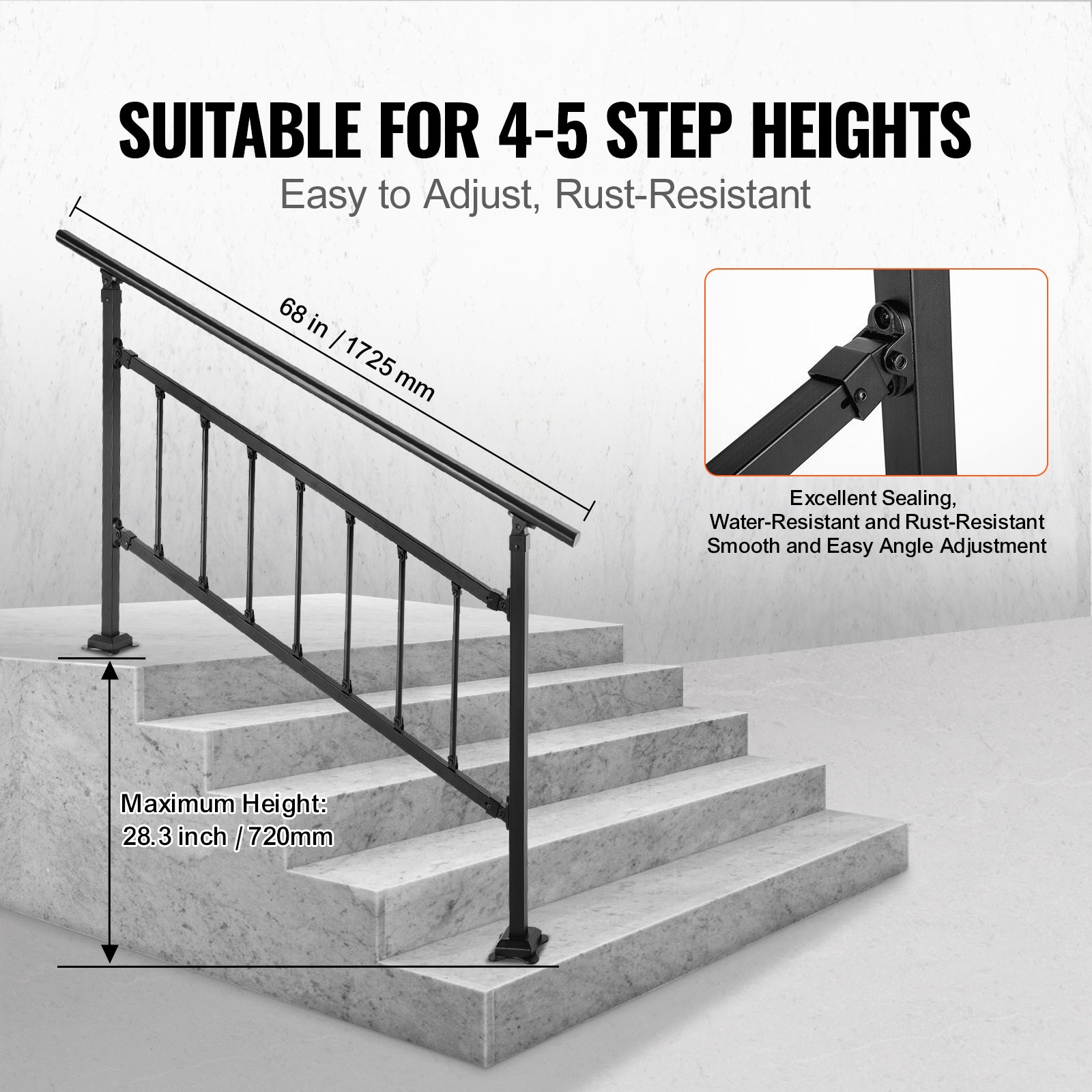 VEVOR Barandilla de Hierro 172,5cm con Barras Pasamanos Escalera 1-4 Pasos Baranda Exterior Ángulo 0-50 grados Parapeto Negro Tubo Cuadrado para Escalones de Hormigón Balcones Jardines Hoteles Garajes