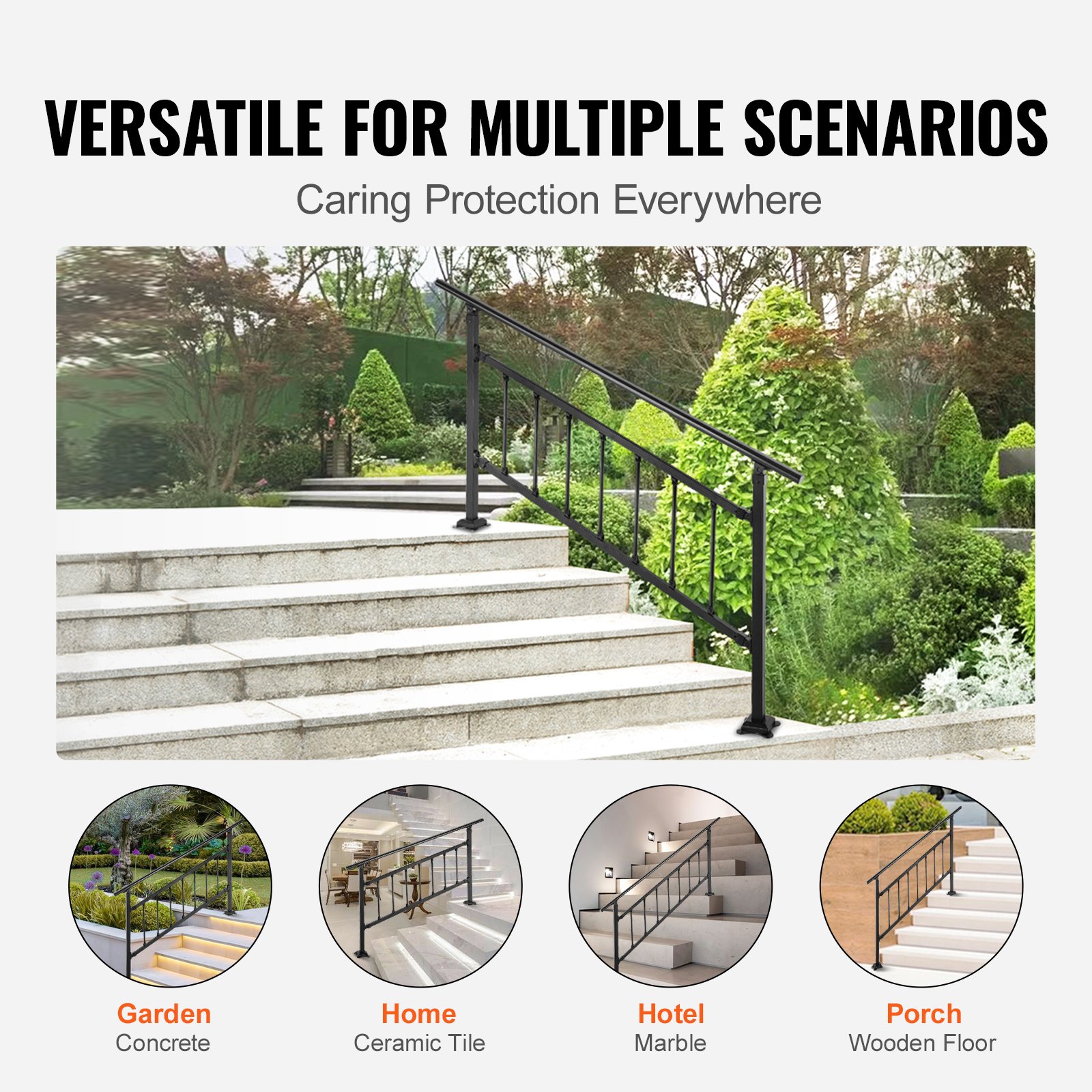 VEVOR Barandilla de Hierro 172,5cm con Barras Pasamanos Escalera 1-4 Pasos Baranda Exterior Ángulo 0-50 grados Parapeto Negro Tubo Cuadrado para Escalones de Hormigón Balcones Jardines Hoteles Garajes