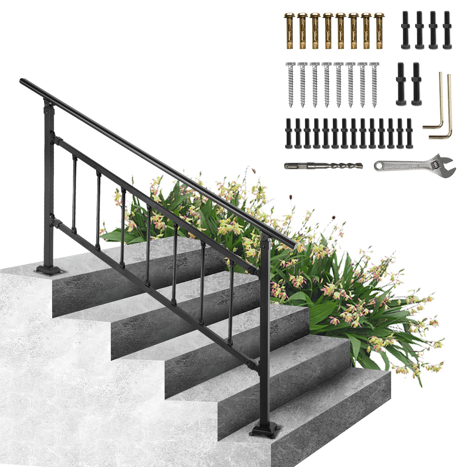 VEVOR Barandilla de Hierro 172,5cm con Barras Pasamanos Escalera 1-4 Pasos Baranda Exterior Ángulo 0-50 grados Parapeto Negro Tubo Cuadrado para Escalones de Hormigón Balcones Jardines Hoteles Garajes