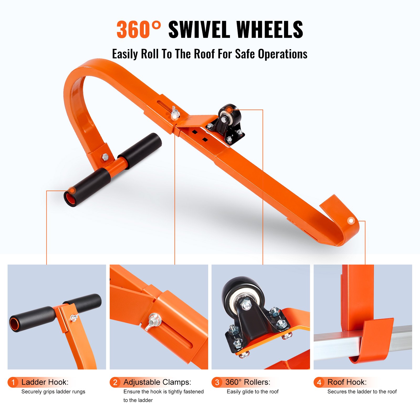 VEVOR Gancho para escalera de techo, paquete de 2 con rueda, estabilizador de escalera de acero resistente, extensión de caballete de techo con barra en T de goma para prevención de daños, capacidad de peso de 500 lb, acceso rápido y fácil a techos empinados