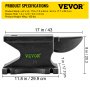 VEVOR Yunque de Hierro Single Beck Hierro Fundido 100lbs 45kg Mini Yunque Cuerno 43,3 x 17,7 x 20,3 cm Mini Yunque Cuerno De Hierro Del Banco Yunque de Metal Yunque de Acero 209HB Yunque de Cuerno