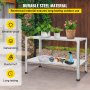Banco para macetas VEVOR con material de acero duradero, plantas en macetas y herramientas de jardinería.