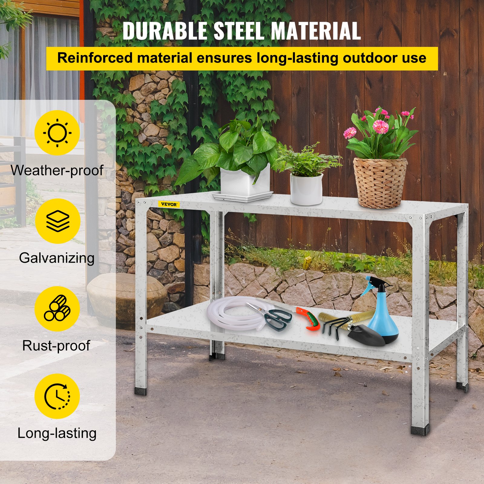 Banco para macetas VEVOR con material de acero duradero, plantas en macetas y herramientas de jardinería.