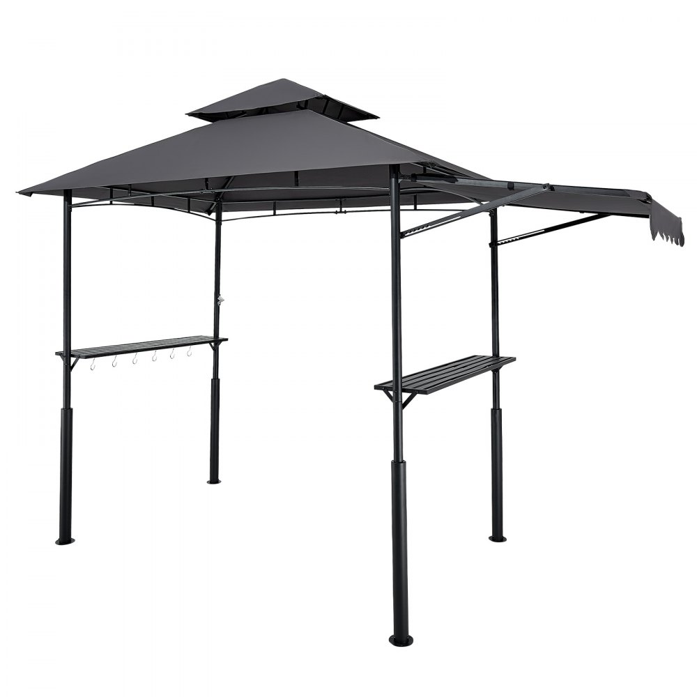 VEVOR Gazebo para Barbacoa, Refugio de Acero con Recubrimiento en Polvo 243 x 150 x 250 cm con Techo de 2 Niveles, 2 Estantes Laterales, Abrebotellas, Ganchos y Toldo Adicional para Barbacoa