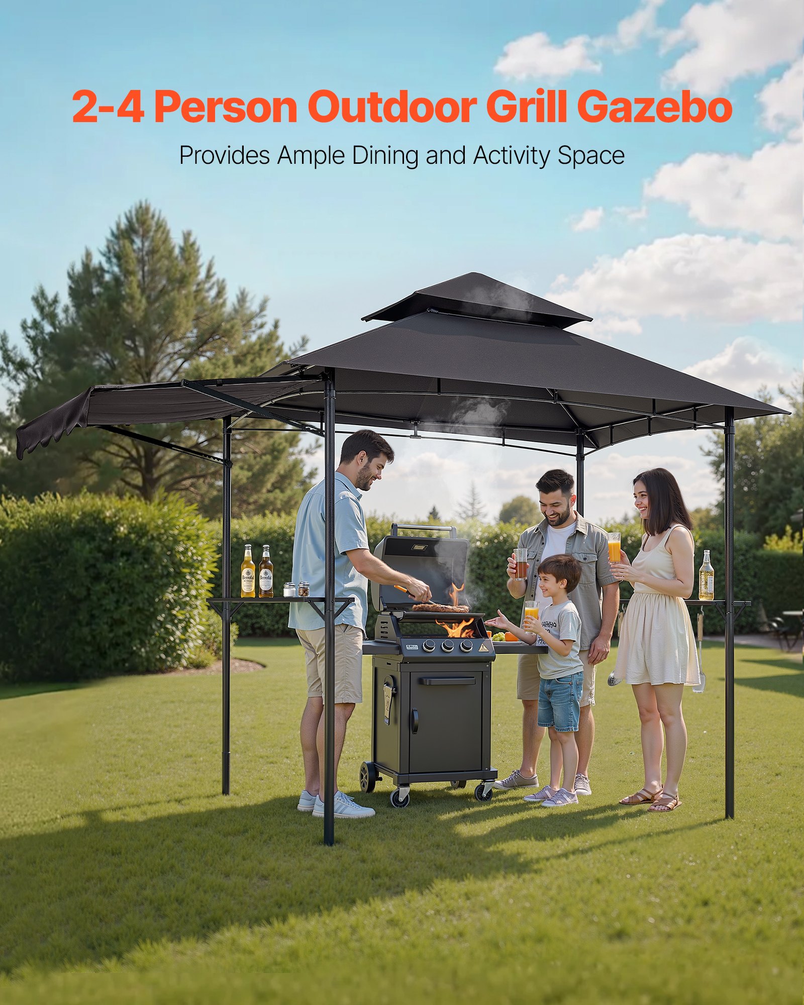 VEVOR Gazebo para Barbacoa, Refugio de Acero con Recubrimiento en Polvo 243 x 150 x 250 cm con Techo de 2 Niveles, 2 Estantes Laterales, Abrebotellas, Ganchos y Toldo Adicional para Barbacoa