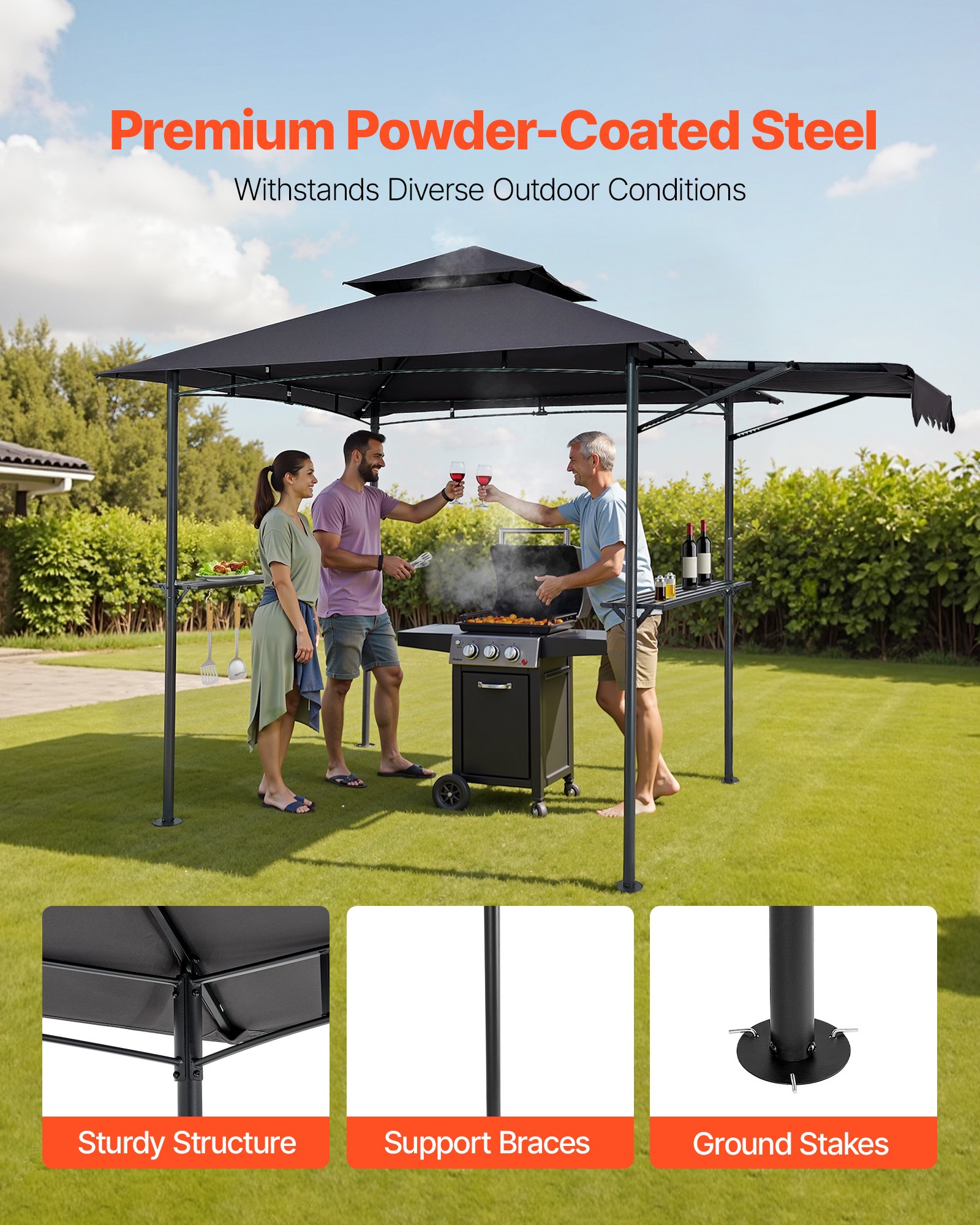 VEVOR Gazebo para Barbacoa, Refugio de Acero con Recubrimiento en Polvo 243 x 150 x 250 cm con Techo de 2 Niveles, 2 Estantes Laterales, Abrebotellas, Ganchos y Toldo Adicional para Barbacoa