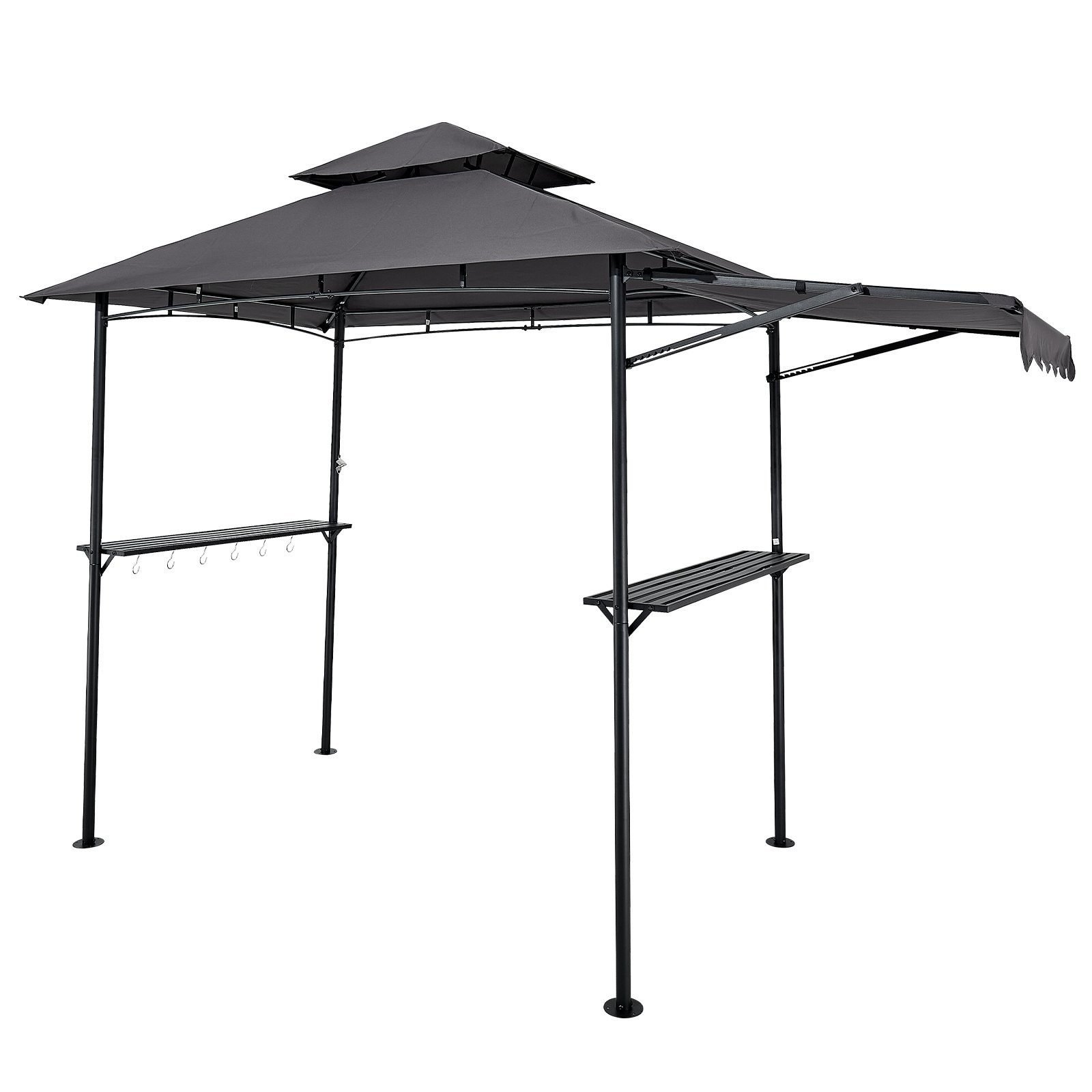VEVOR Gazebo para Barbacoa, Refugio de Acero con Recubrimiento en Polvo 243 x 150 x 250 cm con Techo de 2 Niveles, 2 Estantes Laterales, Abrebotellas, Ganchos y Toldo Adicional para Barbacoa