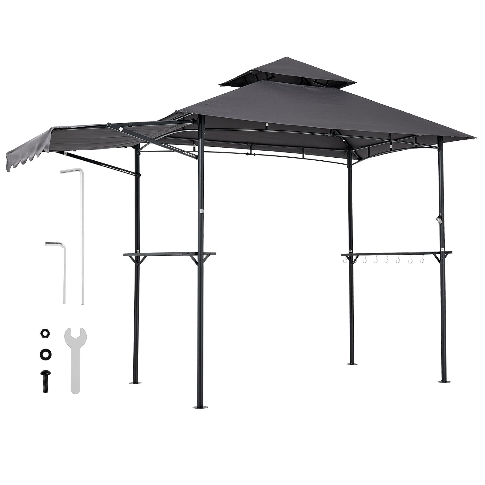VEVOR Gazebo para Barbacoa, Refugio de Acero con Recubrimiento en Polvo 243 x 150 x 250 cm con Techo de 2 Niveles, 2 Estantes Laterales, Abrebotellas, Ganchos y Toldo Adicional para Barbacoa