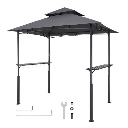 VEVOR Gazebo para Barbacoa, Refugio Reforzado de Acero para Barbacoa con Recubrimiento en Polvo 243 x 150 x 250 cm con Techo de 2 Niveles, 2 Estantes Laterales y 8 Ganchos para Patio, Jardín