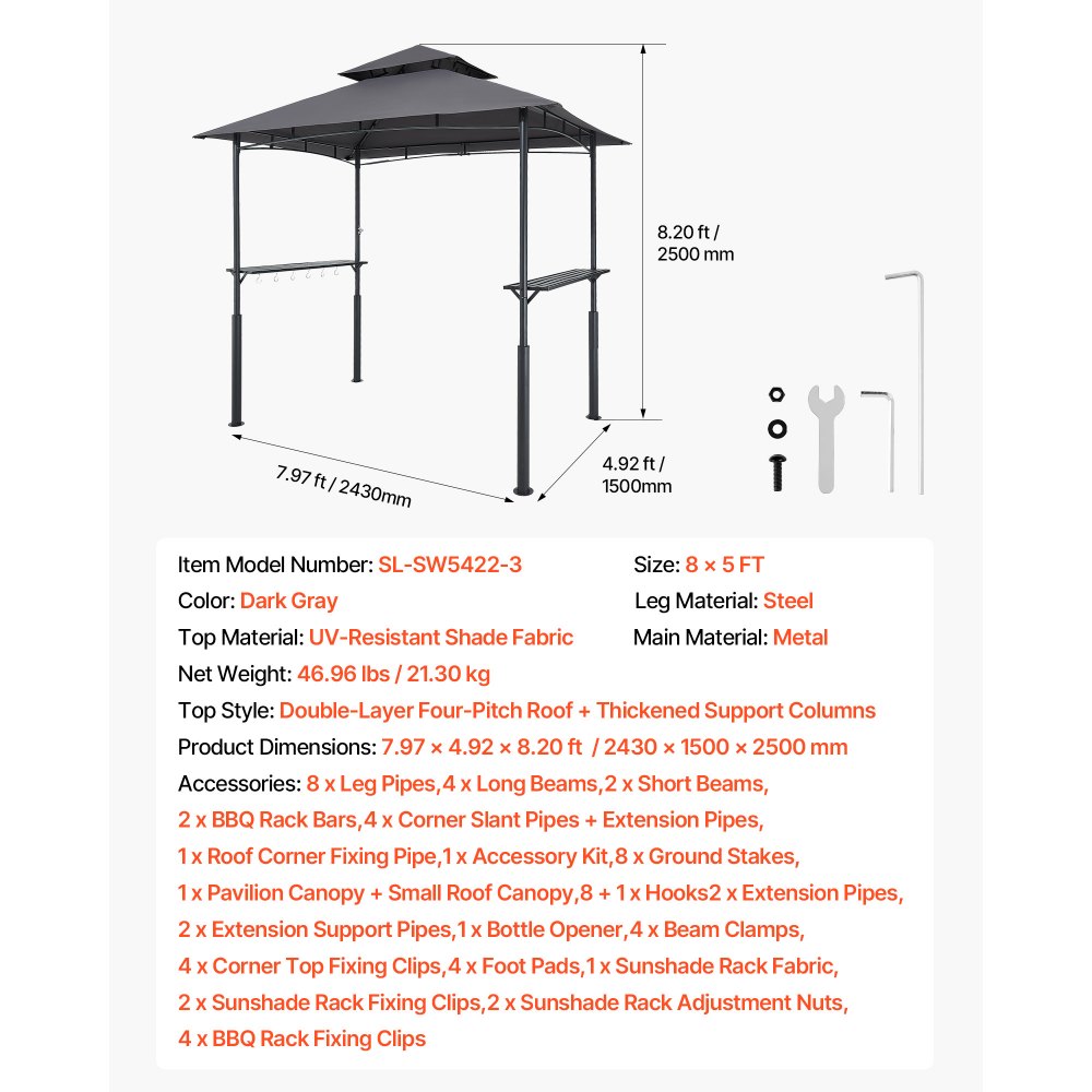 VEVOR Gazebo para Barbacoa, Refugio Reforzado de Acero para Barbacoa con Recubrimiento en Polvo 243 x 150 x 250 cm con Techo de 2 Niveles, 2 Estantes Laterales y 8 Ganchos para Patio, Jardín