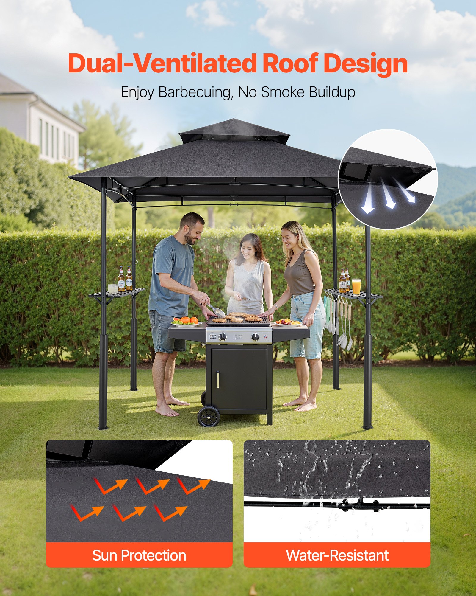 VEVOR Gazebo para Barbacoa, Refugio Reforzado de Acero para Barbacoa con Recubrimiento en Polvo 243 x 150 x 250 cm con Techo de 2 Niveles, 2 Estantes Laterales y 8 Ganchos para Patio, Jardín