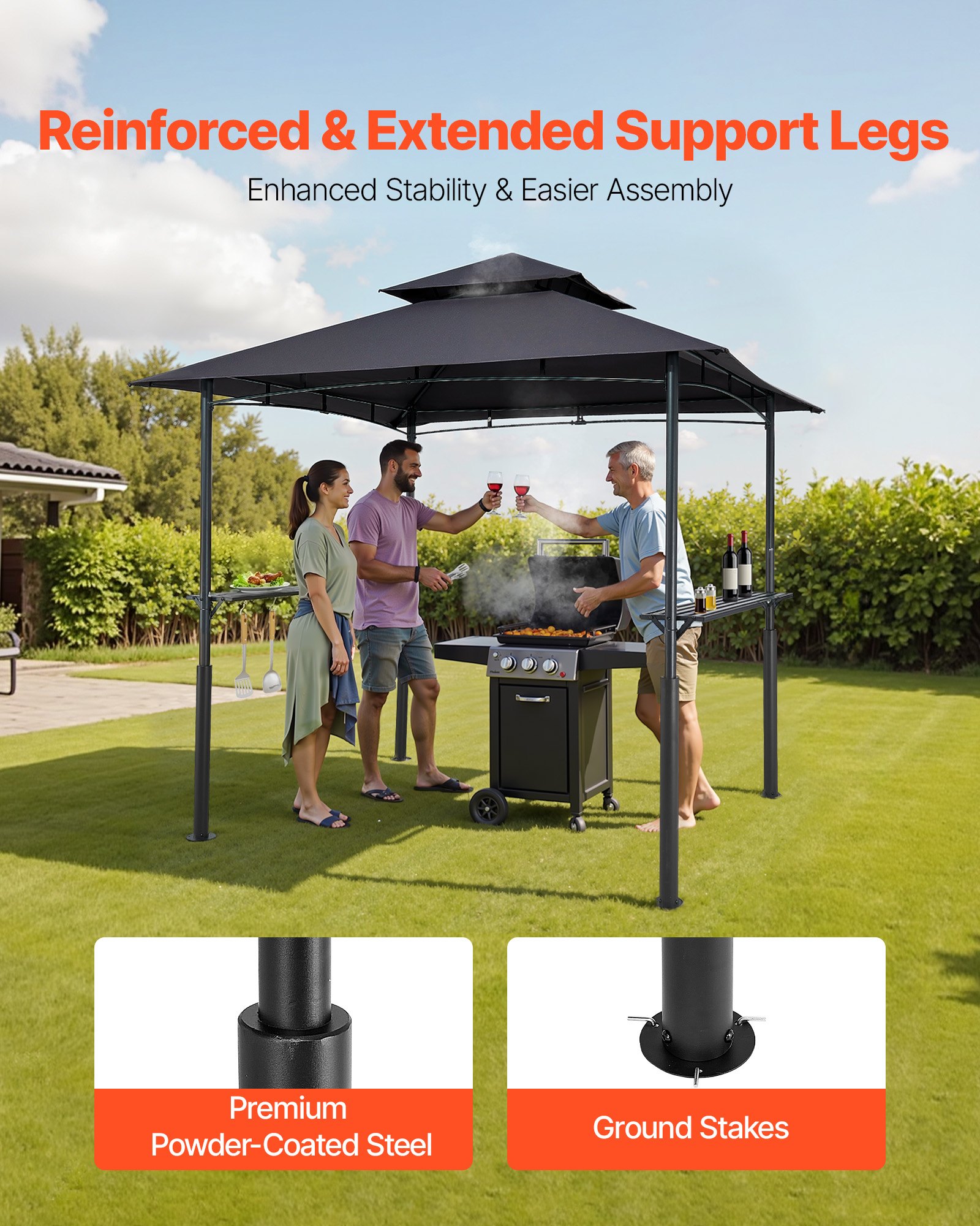 VEVOR Gazebo para Barbacoa, Refugio Reforzado de Acero para Barbacoa con Recubrimiento en Polvo 243 x 150 x 250 cm con Techo de 2 Niveles, 2 Estantes Laterales y 8 Ganchos para Patio, Jardín