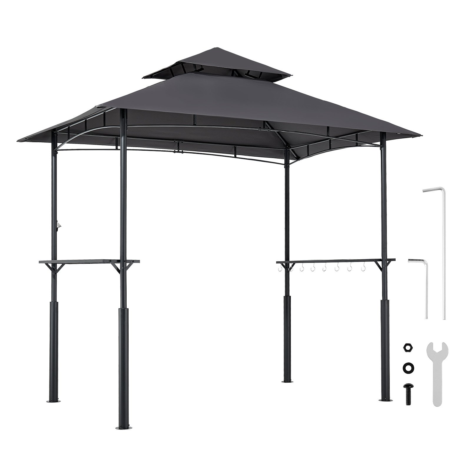 VEVOR Gazebo para Barbacoa, Refugio Reforzado de Acero para Barbacoa con Recubrimiento en Polvo 243 x 150 x 250 cm con Techo de 2 Niveles, 2 Estantes Laterales y 8 Ganchos para Patio, Jardín