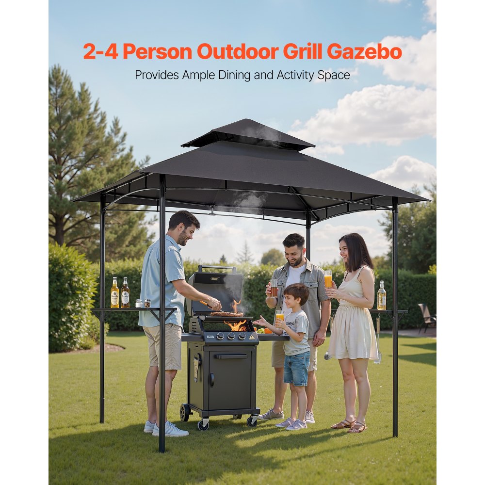 VEVOR Gazebo para Barbacoa, Refugio de Acero para Barbacoa con Recubrimiento en Polvo 243 x 150 x 250 cm con Techo de 2 Niveles, 2 Estantes Laterales y 8 Ganchos para Patio, Jardín, Exterior