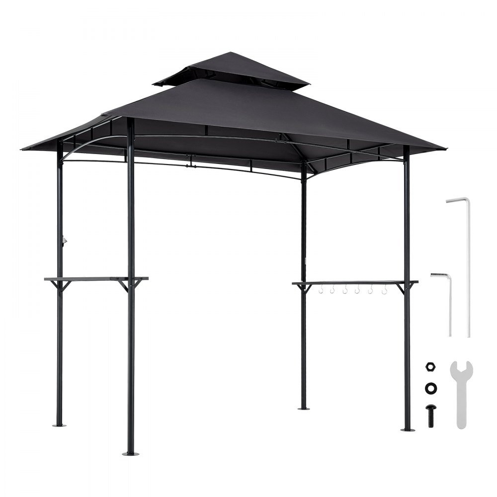 VEVOR Gazebo para Barbacoa, Refugio de Acero para Barbacoa con Recubrimiento en Polvo 243 x 150 x 250 cm con Techo de 2 Niveles, 2 Estantes Laterales y 8 Ganchos para Patio, Jardín, Exterior