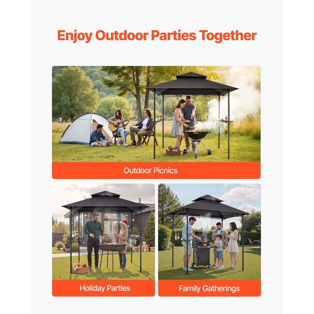 VEVOR Gazebo para Barbacoa, Refugio de Acero para Barbacoa con Recubrimiento en Polvo 243 x 150 x 250 cm con Techo de 2 Niveles, 2 Estantes Laterales y 8 Ganchos para Patio, Jardín, Exterior