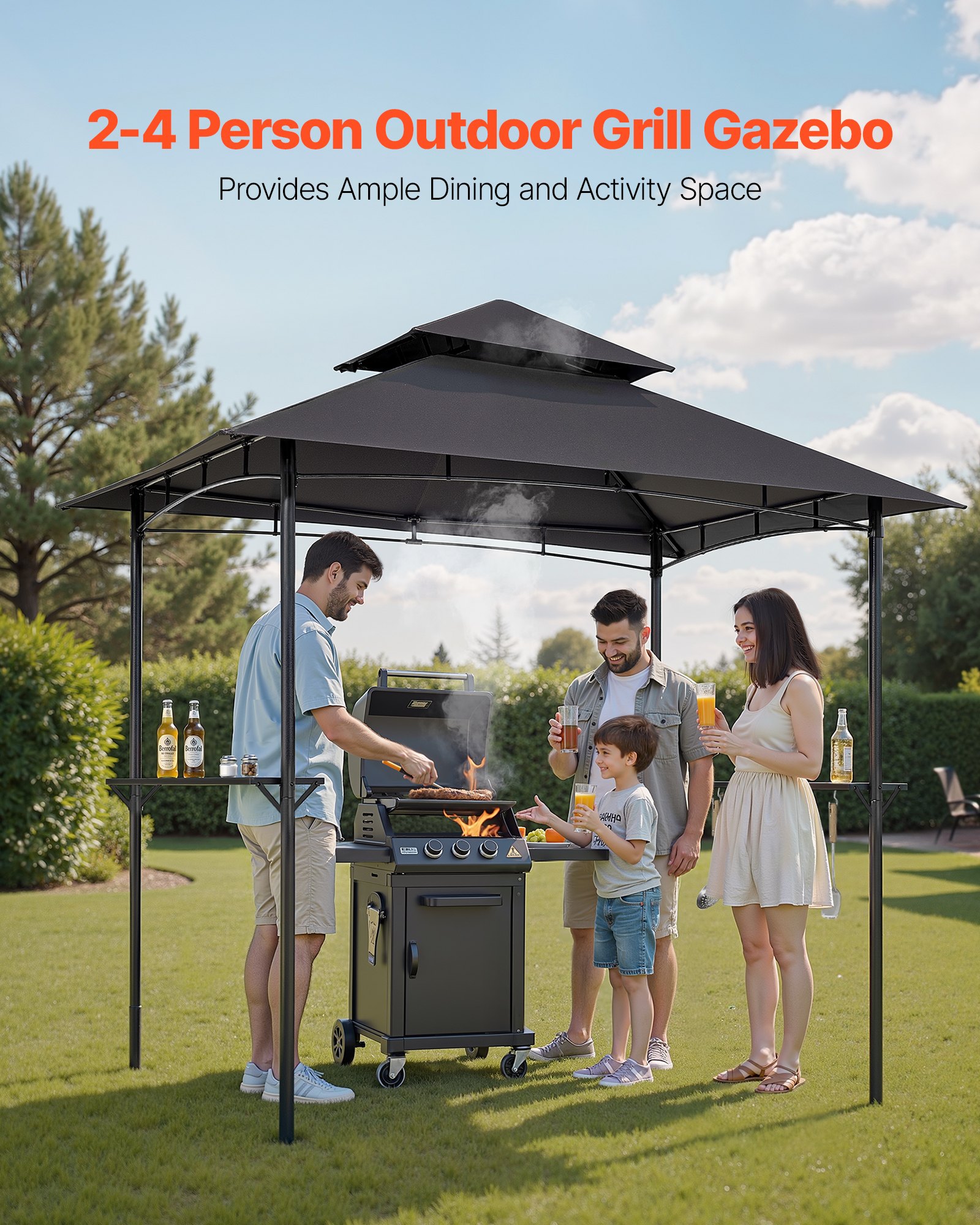 VEVOR Gazebo para Barbacoa, Refugio de Acero para Barbacoa con Recubrimiento en Polvo 243 x 150 x 250 cm con Techo de 2 Niveles, 2 Estantes Laterales y 8 Ganchos para Patio, Jardín, Exterior