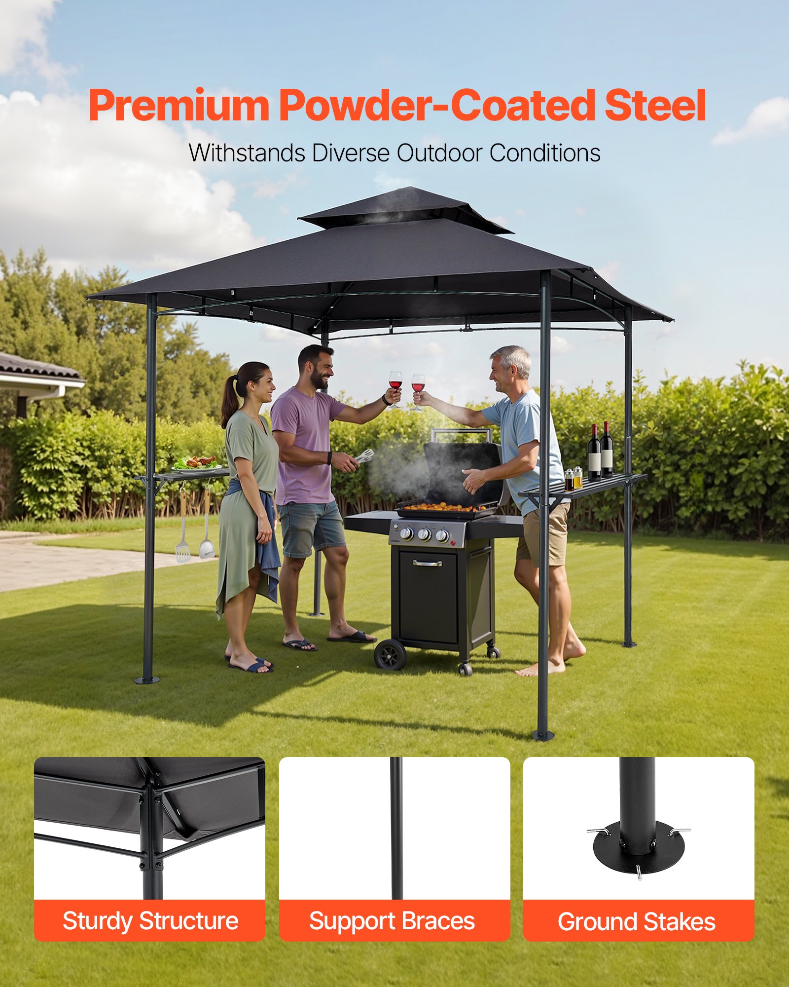 VEVOR Gazebo para Barbacoa, Refugio de Acero para Barbacoa con Recubrimiento en Polvo 243 x 150 x 250 cm con Techo de 2 Niveles, 2 Estantes Laterales y 8 Ganchos para Patio, Jardín, Exterior