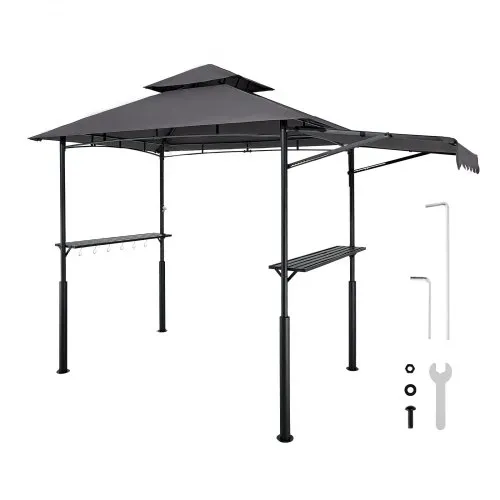 VEVOR Gazebo para Barbacoa, Refugio Reforzado para Barbacoa con Recubrimiento en Polvo 243 x 150 x 250 cm con Techo de 2 Niveles, 2 Estantes Laterales, Ganchos y Toldo Adicional para Patio, Jardín