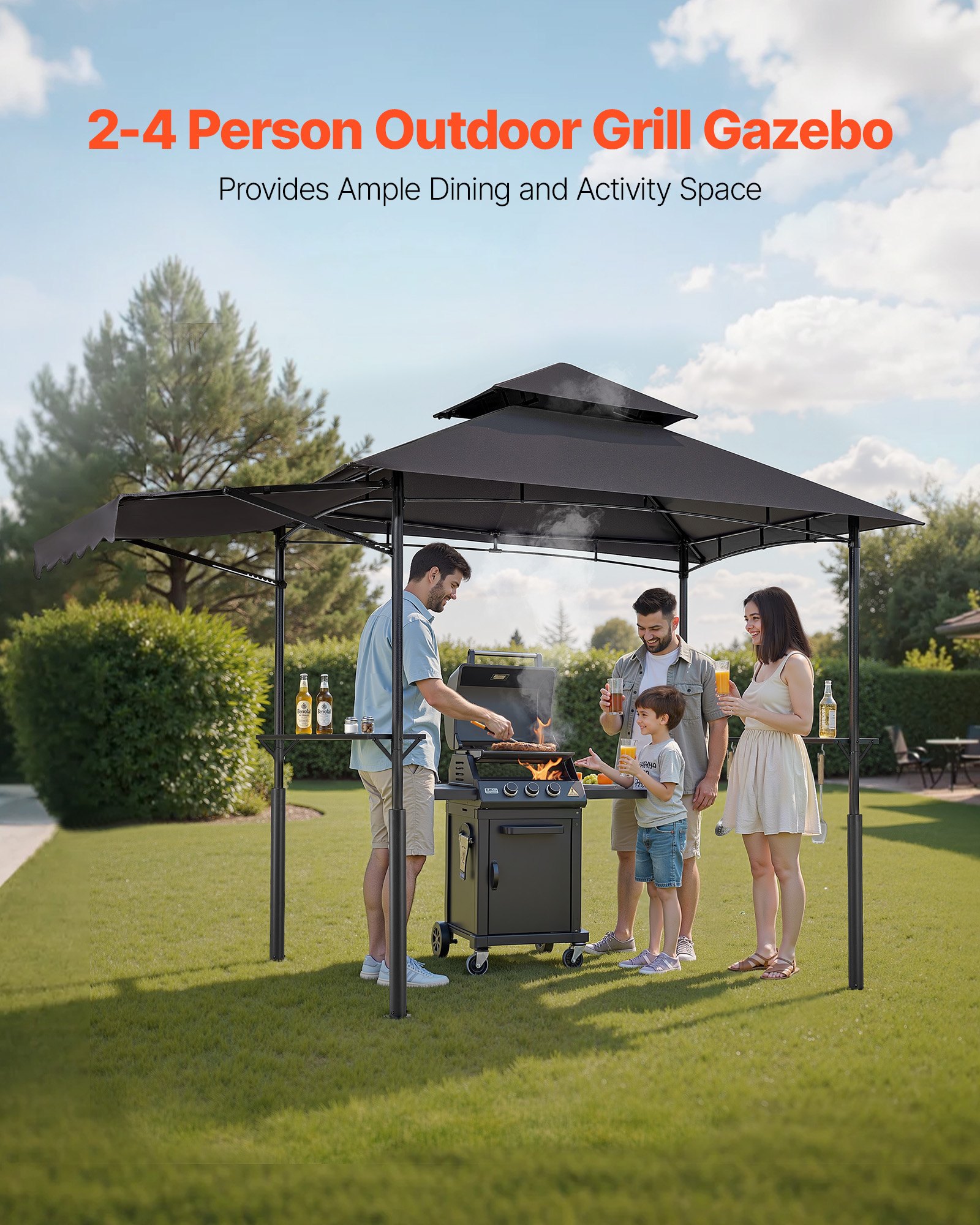 VEVOR Gazebo para Barbacoa, Refugio Reforzado para Barbacoa con Recubrimiento en Polvo 243 x 150 x 250 cm con Techo de 2 Niveles, 2 Estantes Laterales, Ganchos y Toldo Adicional para Patio, Jardín
