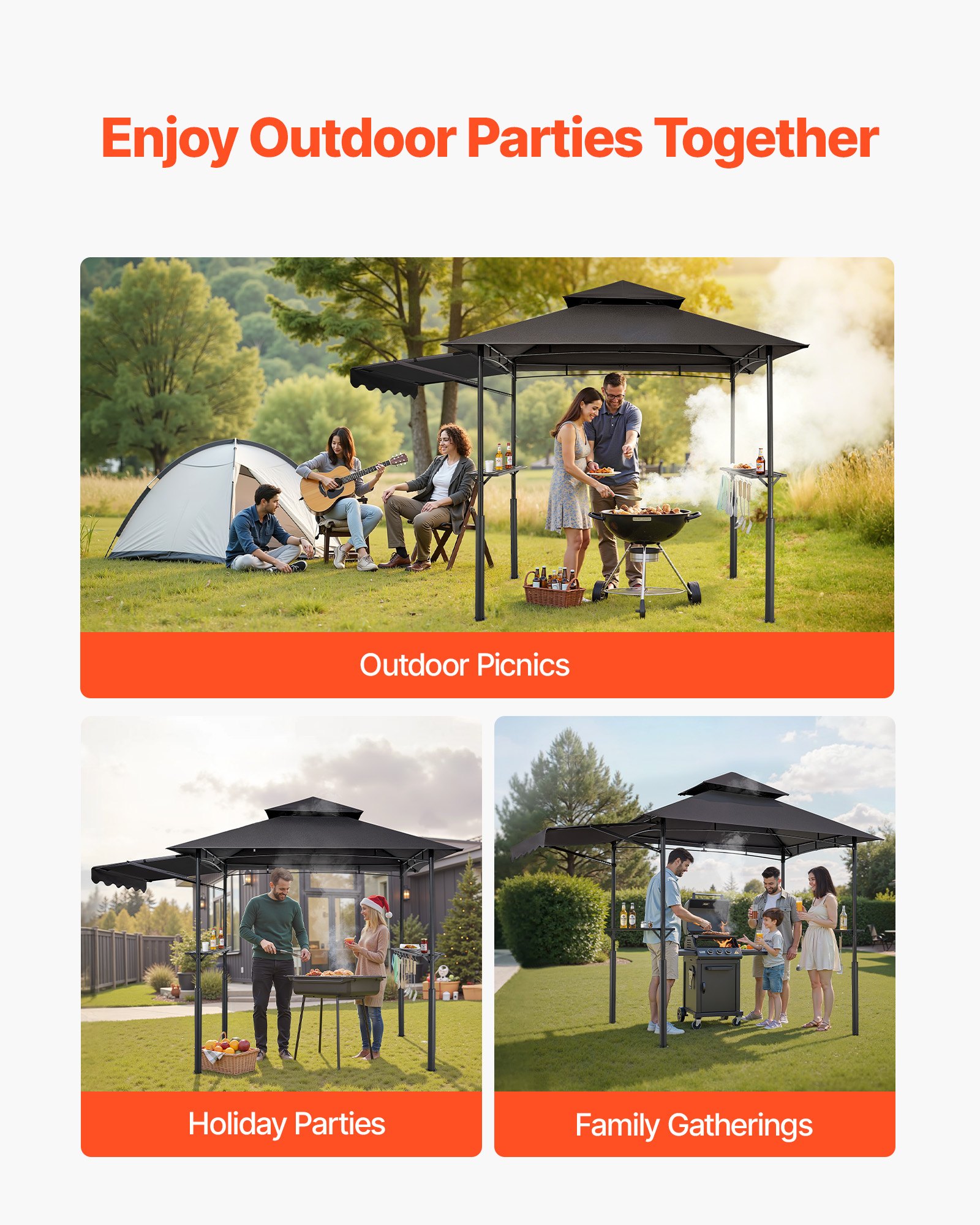 VEVOR Gazebo para Barbacoa, Refugio Reforzado para Barbacoa con Recubrimiento en Polvo 243 x 150 x 250 cm con Techo de 2 Niveles, 2 Estantes Laterales, Ganchos y Toldo Adicional para Patio, Jardín