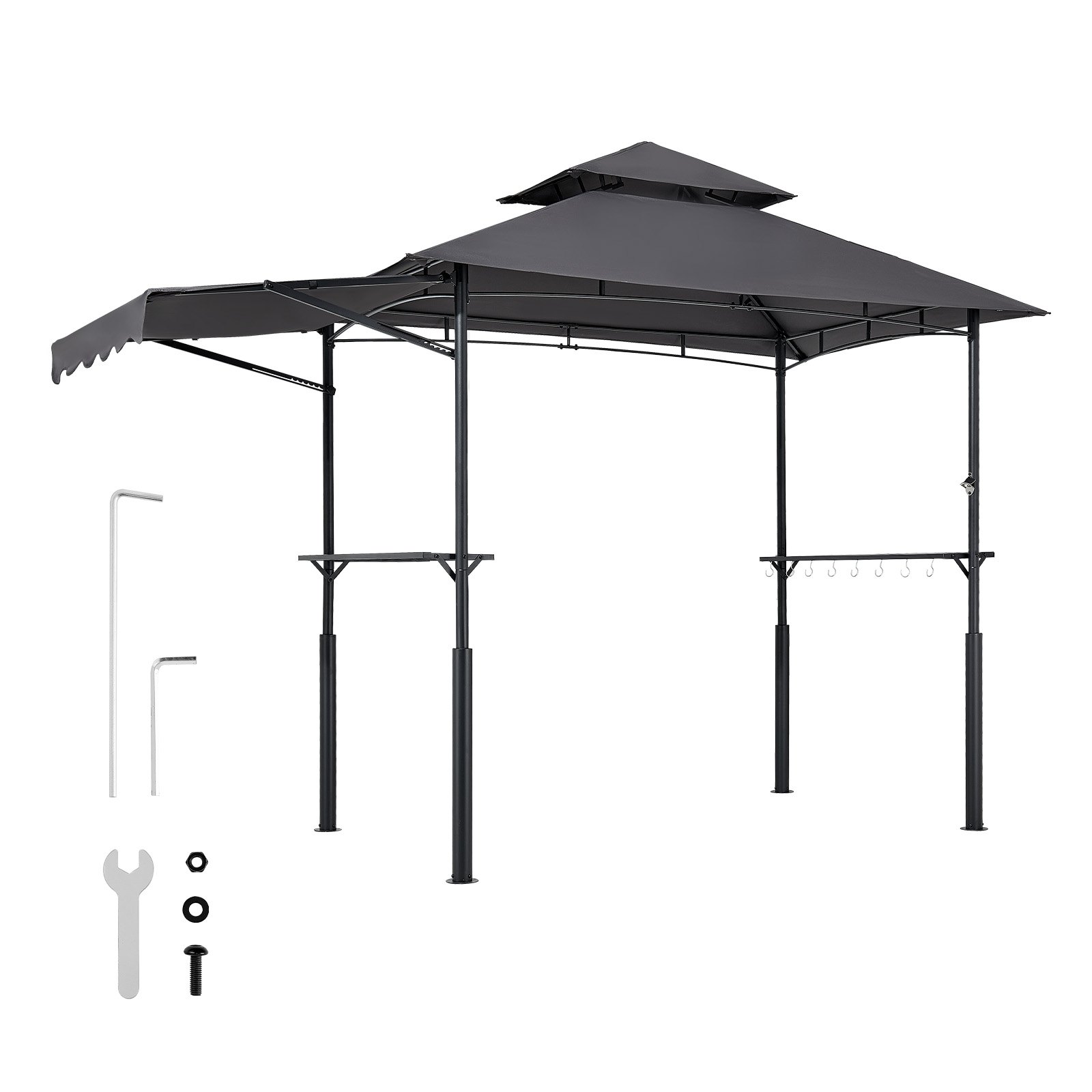 VEVOR Gazebo para Barbacoa, Refugio Reforzado para Barbacoa con Recubrimiento en Polvo 243 x 150 x 250 cm con Techo de 2 Niveles, 2 Estantes Laterales, Ganchos y Toldo Adicional para Patio, Jardín