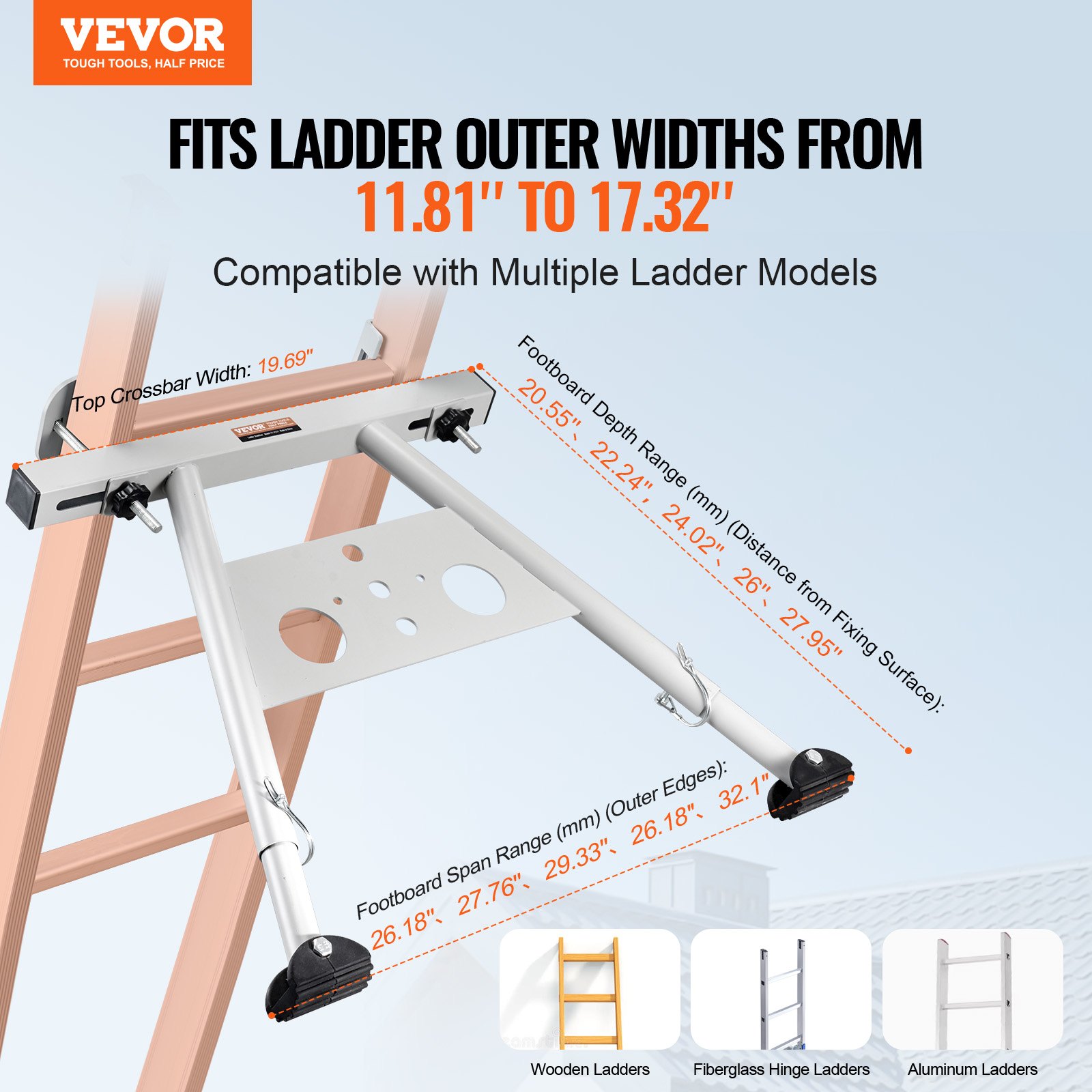 VEVOR Estabilizador de Escalera Soporte de Escalera Extensible con Patas Ajustables Accesorios de Escalera de Pared Resistentes para Canalones de Techo Patas de Goma Antideslizantes Carga de 150kg