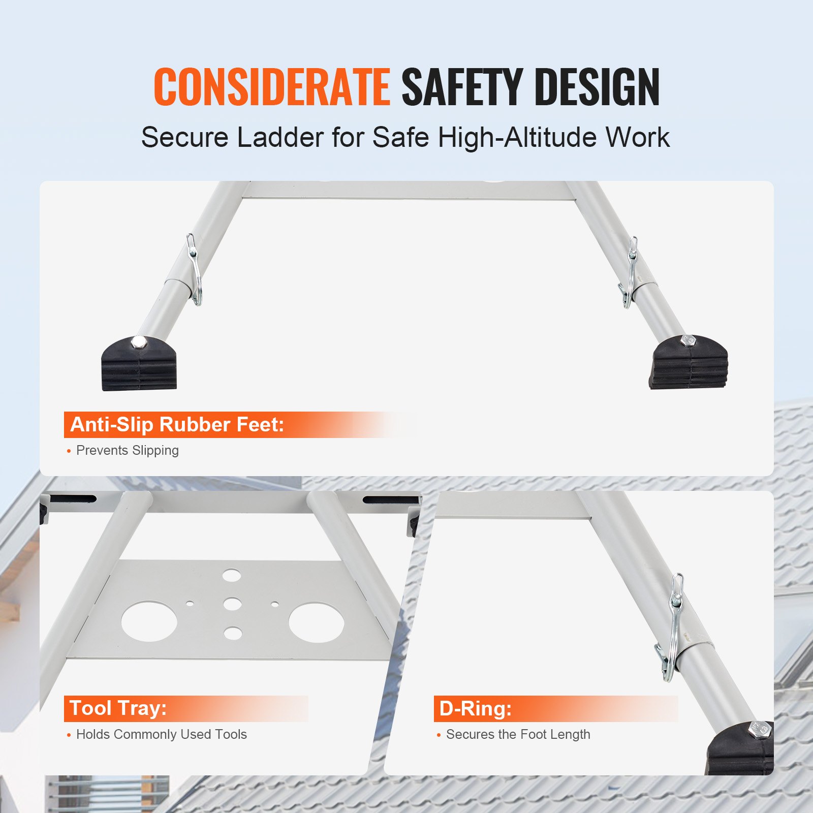 VEVOR Estabilizador de Escalera Soporte de Escalera Extensible con Patas Ajustables Accesorios de Escalera de Pared Resistentes para Canalones de Techo Patas de Goma Antideslizantes Carga de 150kg