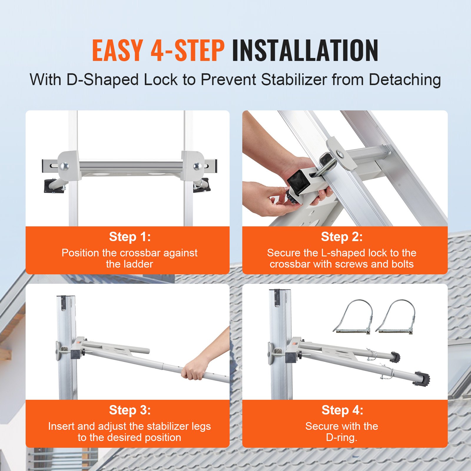 VEVOR Estabilizador de Escalera Soporte de Escalera Extensible con Patas Ajustables Accesorios de Escalera de Pared Resistentes para Canalones de Techo Patas de Goma Antideslizantes Carga de 150kg