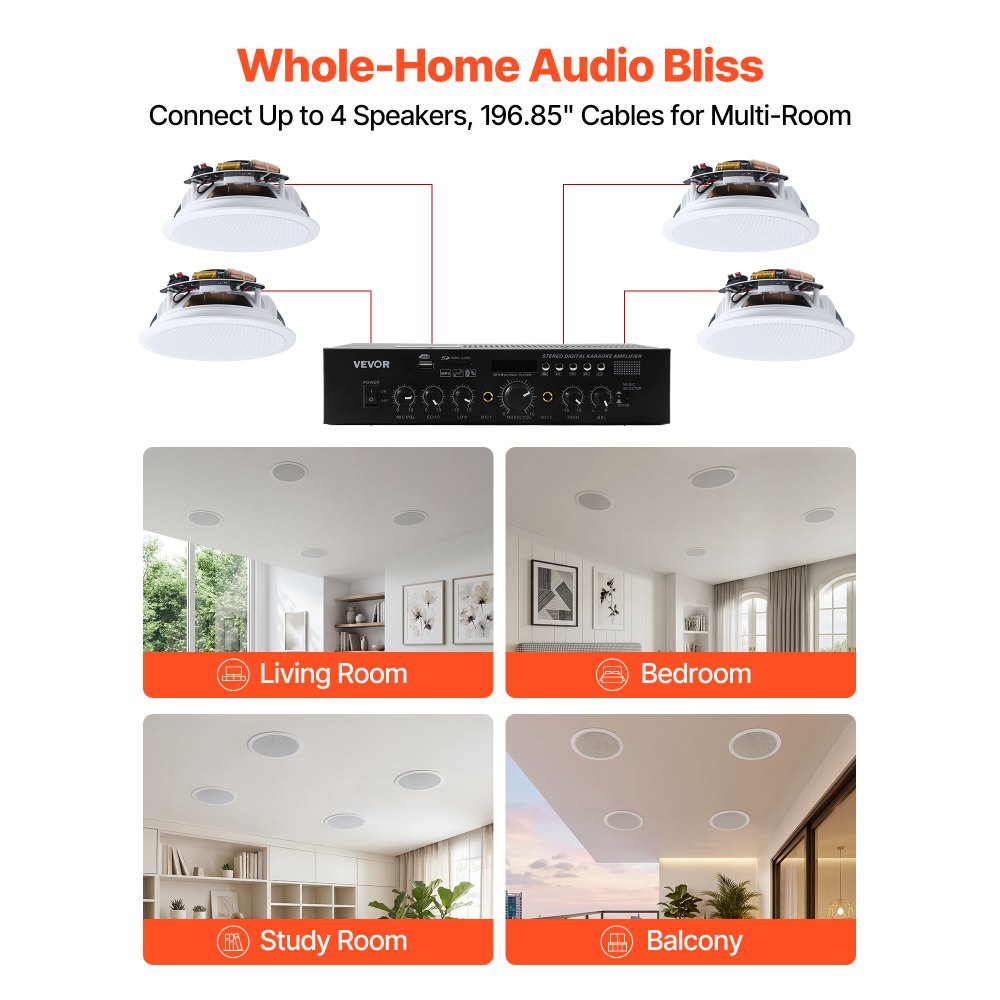 VEVOR Altavoces de Techo 165,1 mm 4 Piezas, Sistema de Altavoces para Techo con Amplificador y Bluetooth, Montaje Empotrado con Cable, para Sala de Estar, Cine en Casa, Comedor, Balcón Cubierto
