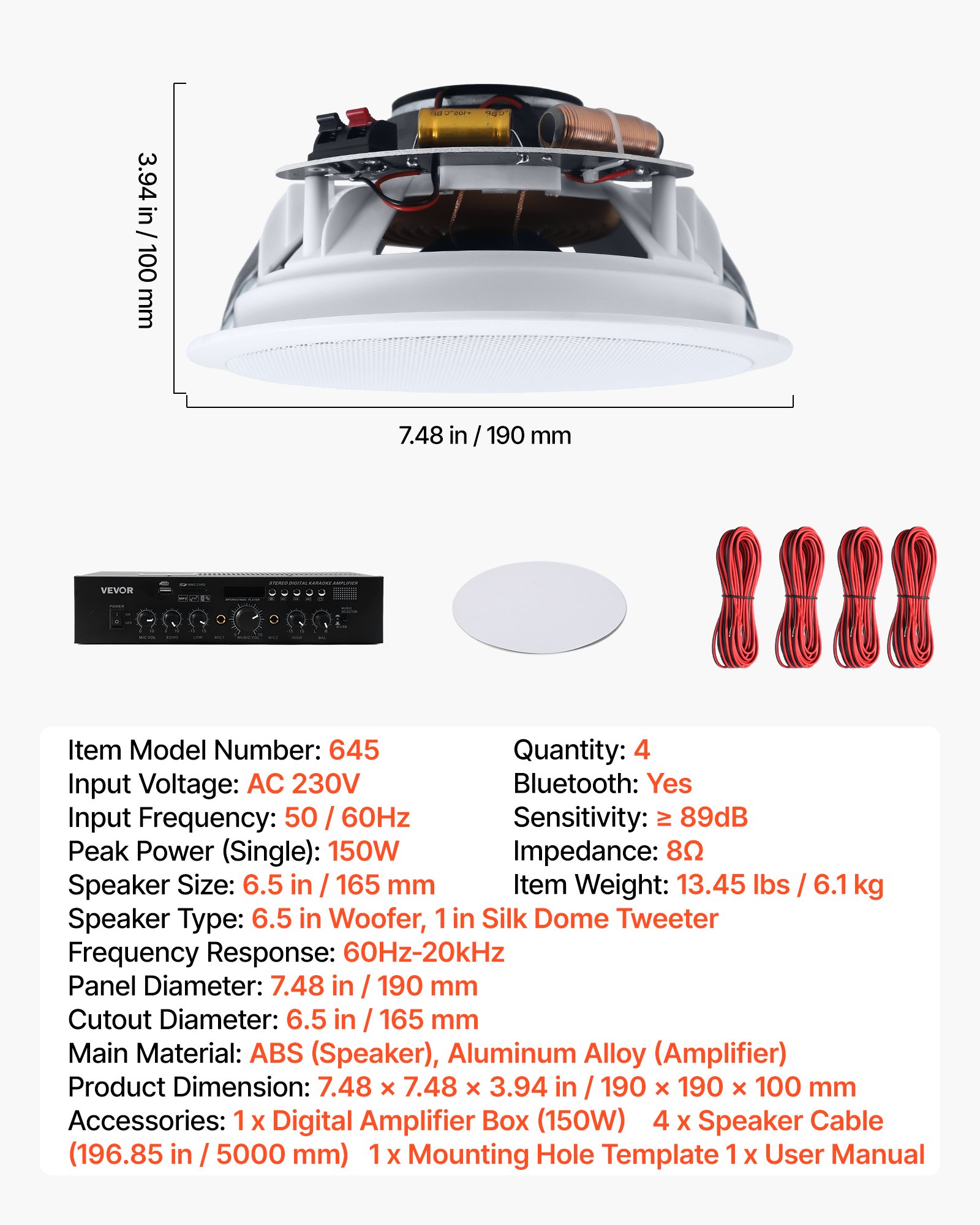 VEVOR Altavoces de Techo 165,1 mm 4 Piezas, Sistema de Altavoces para Techo con Amplificador y Bluetooth, Montaje Empotrado con Cable, para Sala de Estar, Cine en Casa, Comedor, Balcón Cubierto