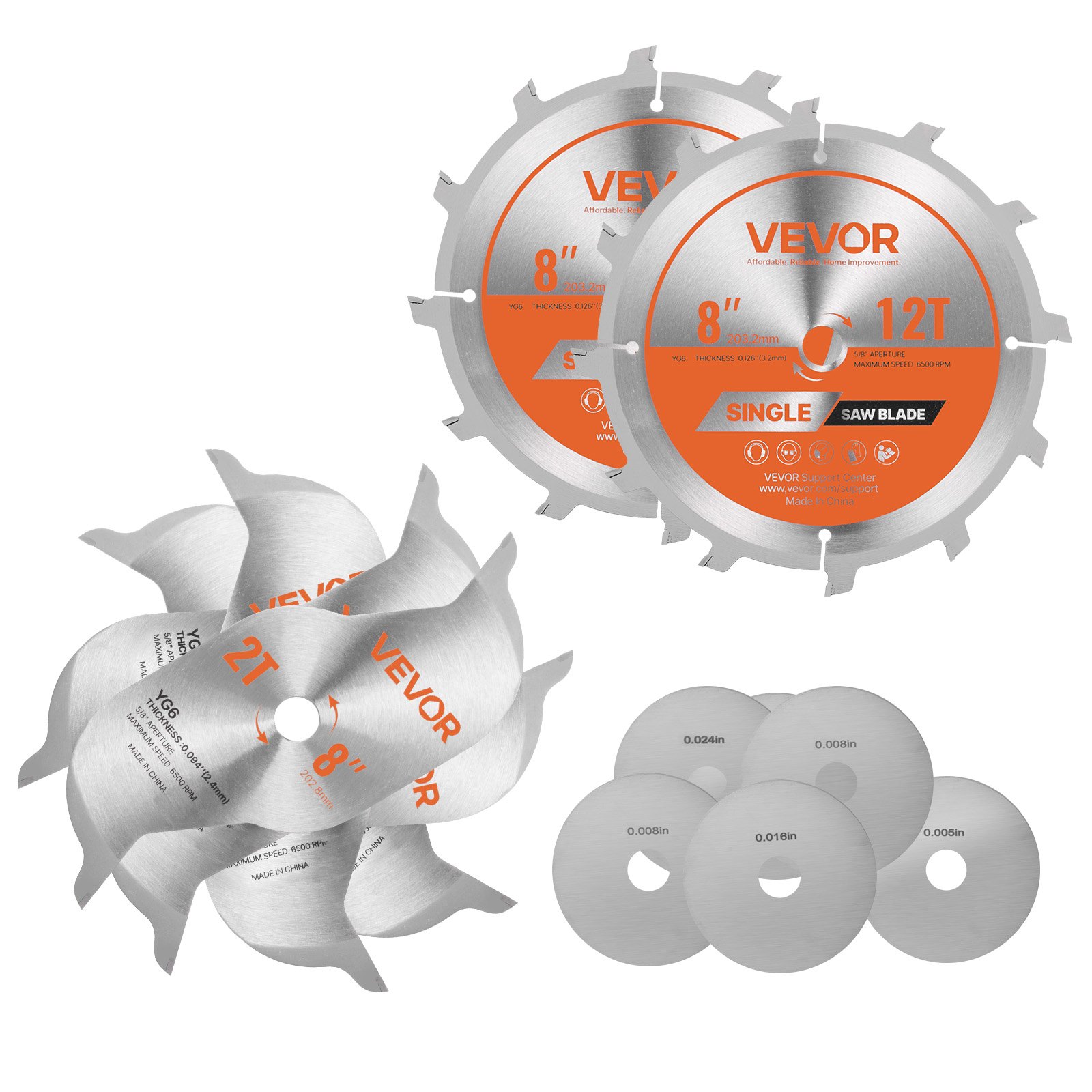 VEVOR Dado Blade Set, 203 mm Diameter, 12 Sharp Alloy Teeth, 15.875 mm Arbor, Fine Finish, Stacking Dado Blades with Chippers and Shims, Noise-Reducing Heat Vents, for Cutting Plywood, OSB, Hardwood