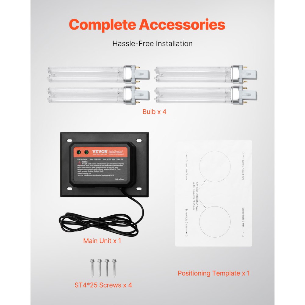 VEVOR Purificador de Aire HVAC para Toda la Casa, 18 W, Luz Ultravioleta para Conducto de Aire Acondicionado, con 2 Bombillas de Repuesto, para Sistemas de Aire Acondicionado, 175 x 126 x 217 mm
