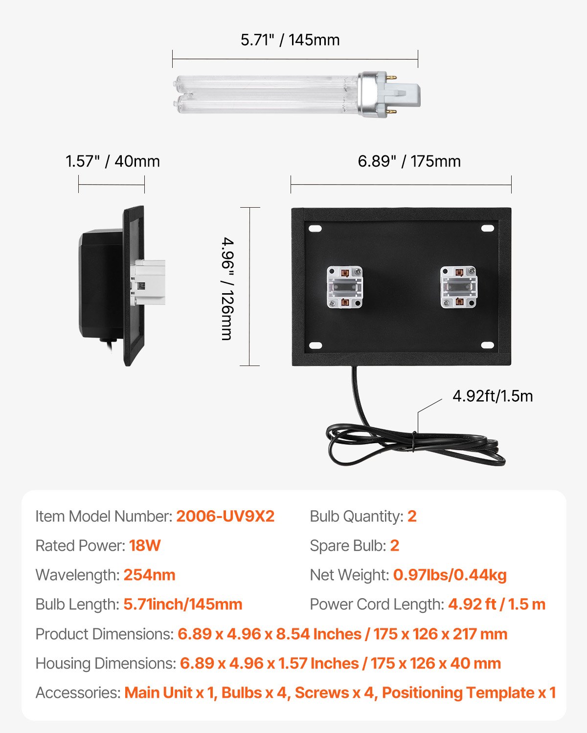 VEVOR Purificador de Aire HVAC para Toda la Casa, 18 W, Luz Ultravioleta para Conducto de Aire Acondicionado, con 2 Bombillas de Repuesto, para Sistemas de Aire Acondicionado, 175 x 126 x 217 mm