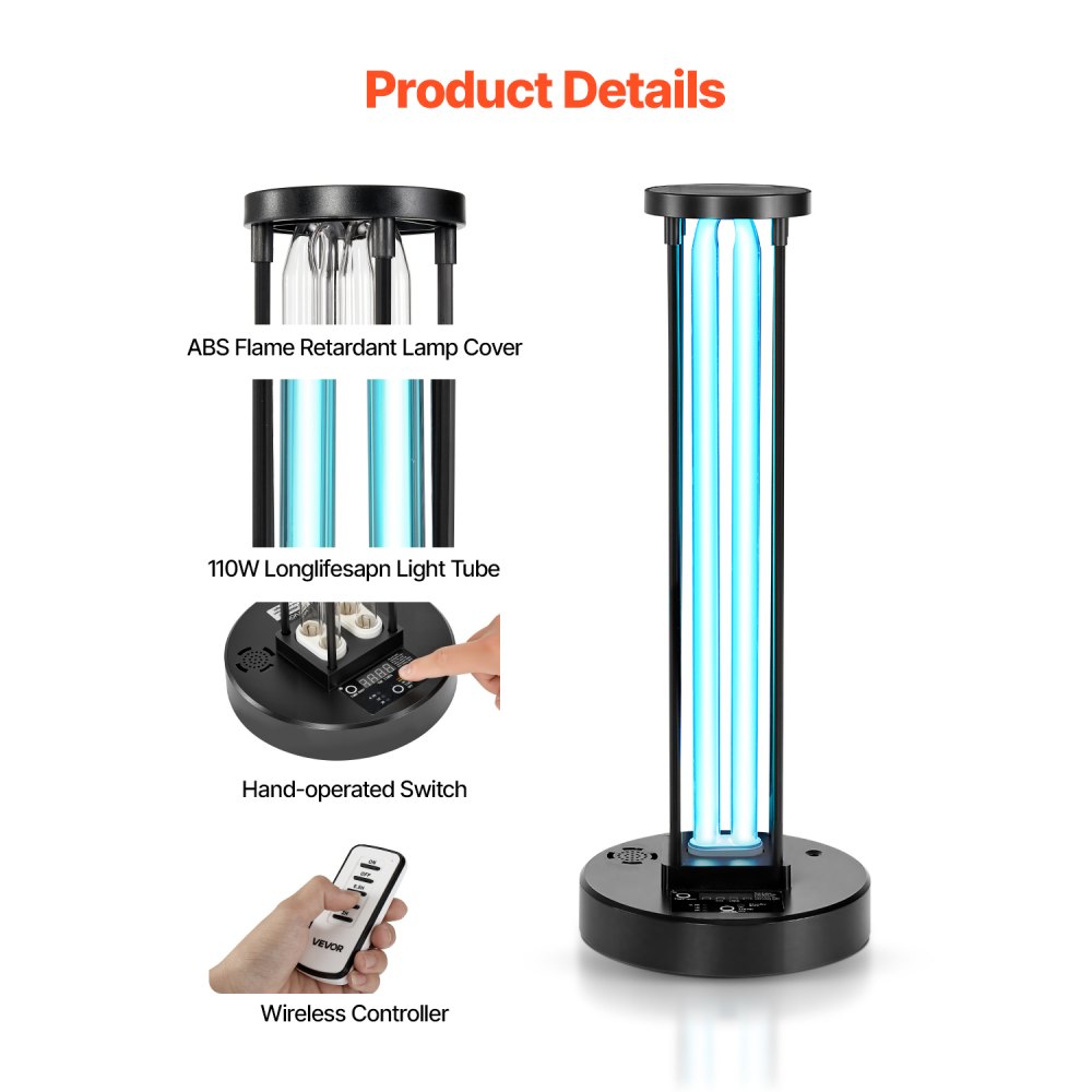 VEVOR 36 W Lámpara Ultravioleta Cilíndrica, Lámpara Ultravioleta con Purificador de Ozono, Temporizador de 3 Velocidades de 30/60/120 Minutos y Control Remoto para Habitaciones de Hasta 37 m²