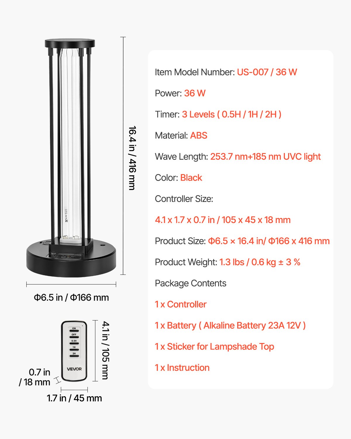 VEVOR 36 W Lámpara Ultravioleta Cilíndrica, Lámpara Ultravioleta con Purificador de Ozono, Temporizador de 3 Velocidades de 30/60/120 Minutos y Control Remoto para Habitaciones de Hasta 37 m²