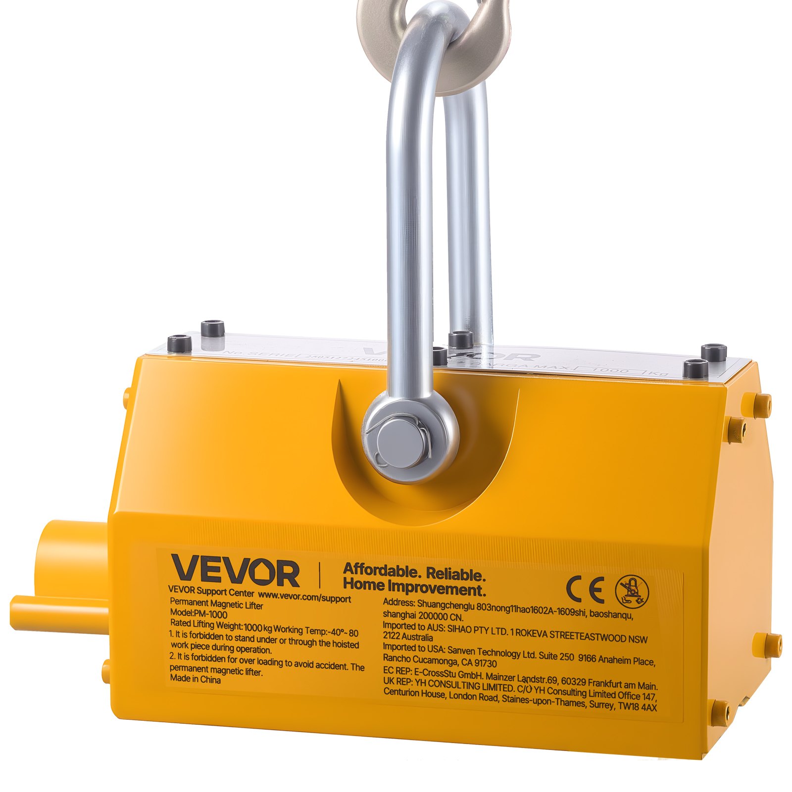 VEVOR Imán de Elevación, Elevador Magnético Permanente de 1000 kg de Fuerza de Tracción con Asa de Liberación y Gancho de Acero, Herramienta para Levantar Placas y Tableros de Acero en Polipastos