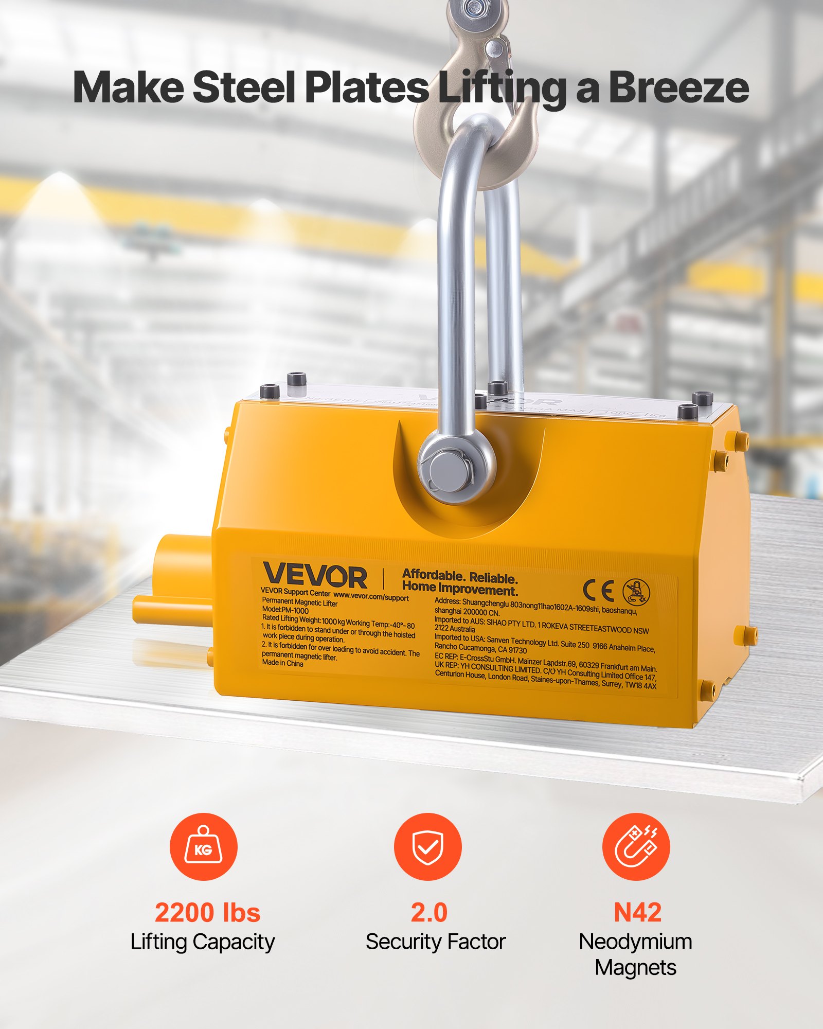 VEVOR Imán de Elevación, Elevador Magnético Permanente de 1000 kg de Fuerza de Tracción con Asa de Liberación y Gancho de Acero, Herramienta para Levantar Placas y Tableros de Acero en Polipastos