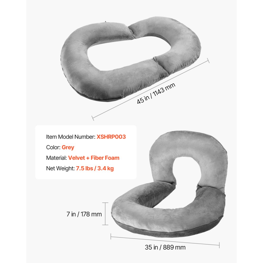 VEVOR Almohada de Lectura, Almohada Grande en Forma de U 1143 x 889 x 178 mm de Tela de Terciopelo Suave Lavable ideal para Ver la Televisión, Leer, Jugar, Sentarse, Descansar y Trabajar, Gris