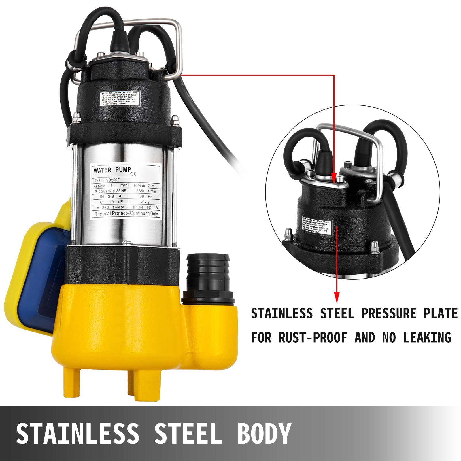 250w Bomba De Aguas Sucias Sumergible 8000l/h Interruptor Flotante Sewage Pump