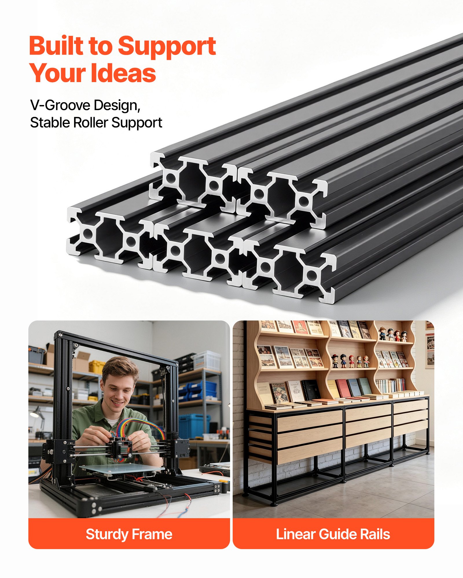 VEVOR Perfil de Extrusión de Aluminio 2040 Ranura en V Estándar Europeo, Carril Lineal de Extrusión 2000 mm, Perfil de Aluminio para Marcos de Impresoras 3D, Bancos de Trabajo CNC, 5 Piezas, Negro
